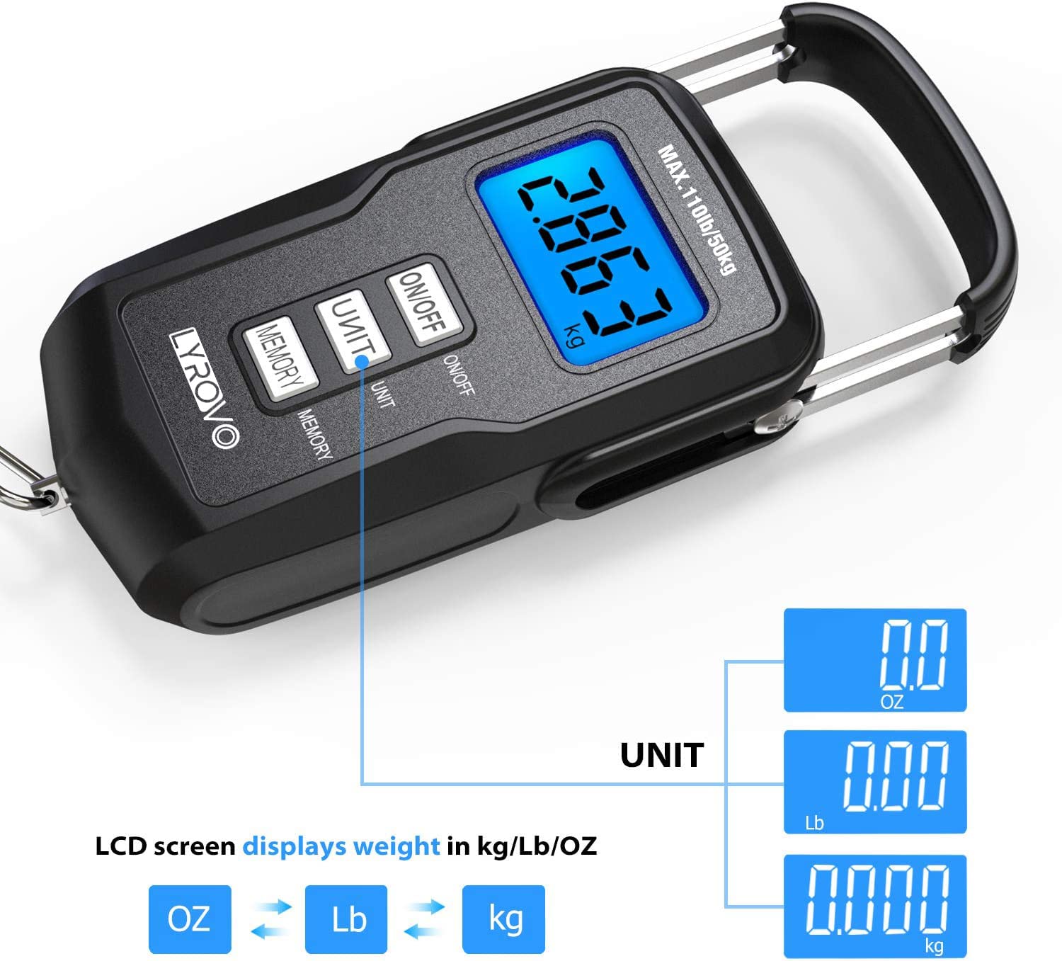 Lyrovo Upgraded Digital Luggage Weighing Scale 110Lb/50Kg with Backlit LCD Display Measuring Tape and 2 AAA Batteries (LY15-LUGSCALE-BLACK) 3
