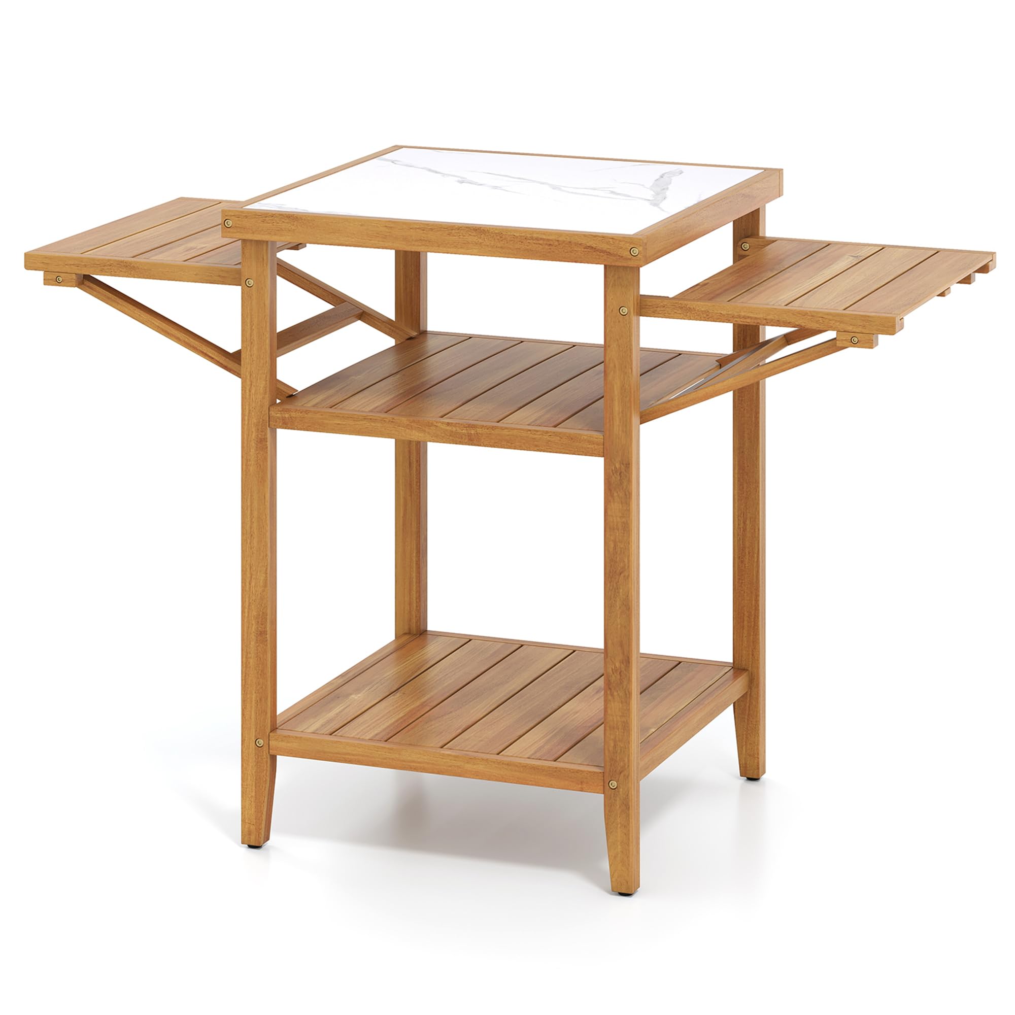 GOPLUS Mesa de Barbacoa Exterior de Madera de Acacia con Encimera de Imitación de Mármol