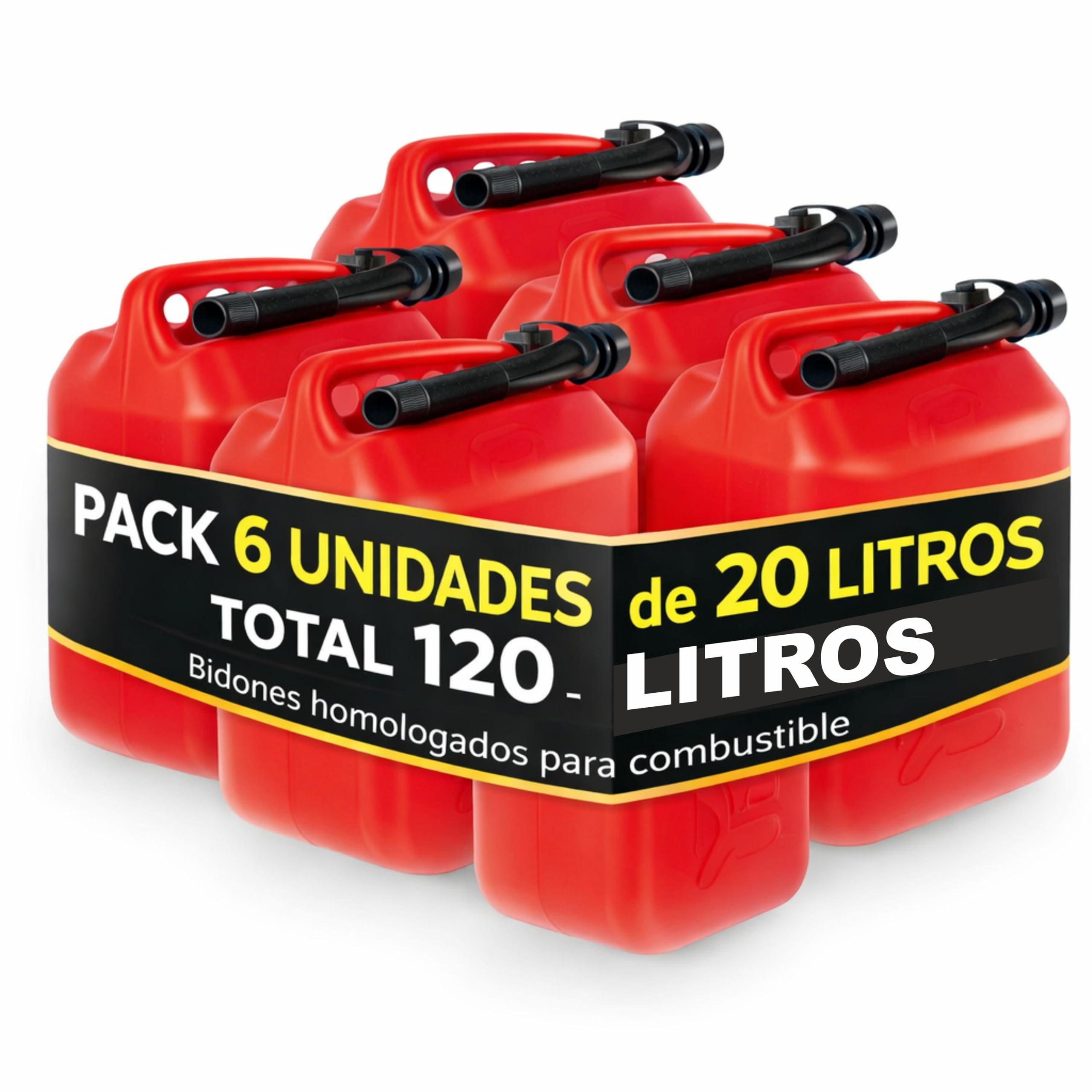 Garrafa Gasolina 20L Homologada Pack de 6 - Bidón Combustible Plástico con Visor de Nivel - Bidones para Gasolina y Gasoil Homologados 120 Litros - Rojo