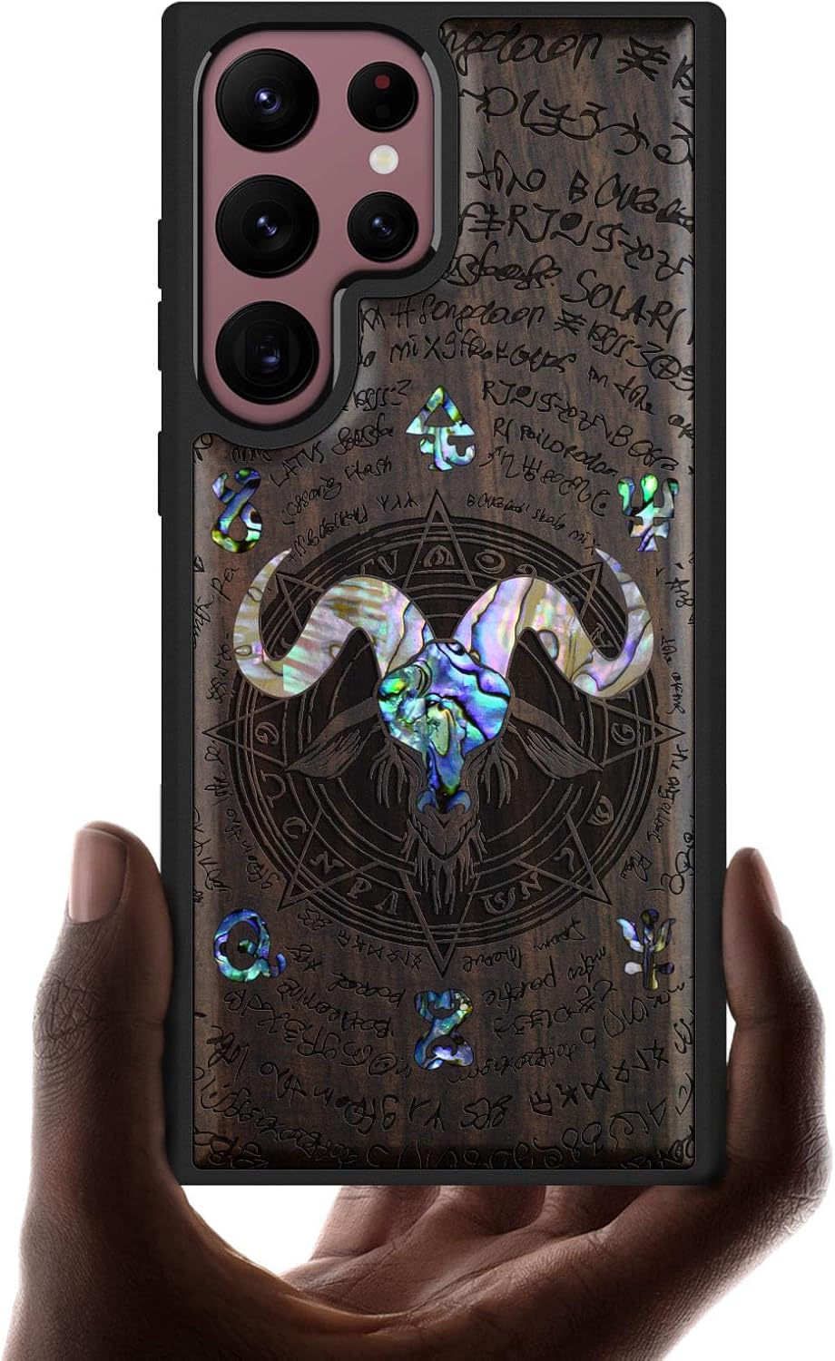 Carveit Designer Wooden Cover for Samsung Galaxy S22 Ultra Case [Wood Engraving & Shell Inlay] Compatible with Wireless Chargers S22 Ultra (Horned Goat-Blackwood)