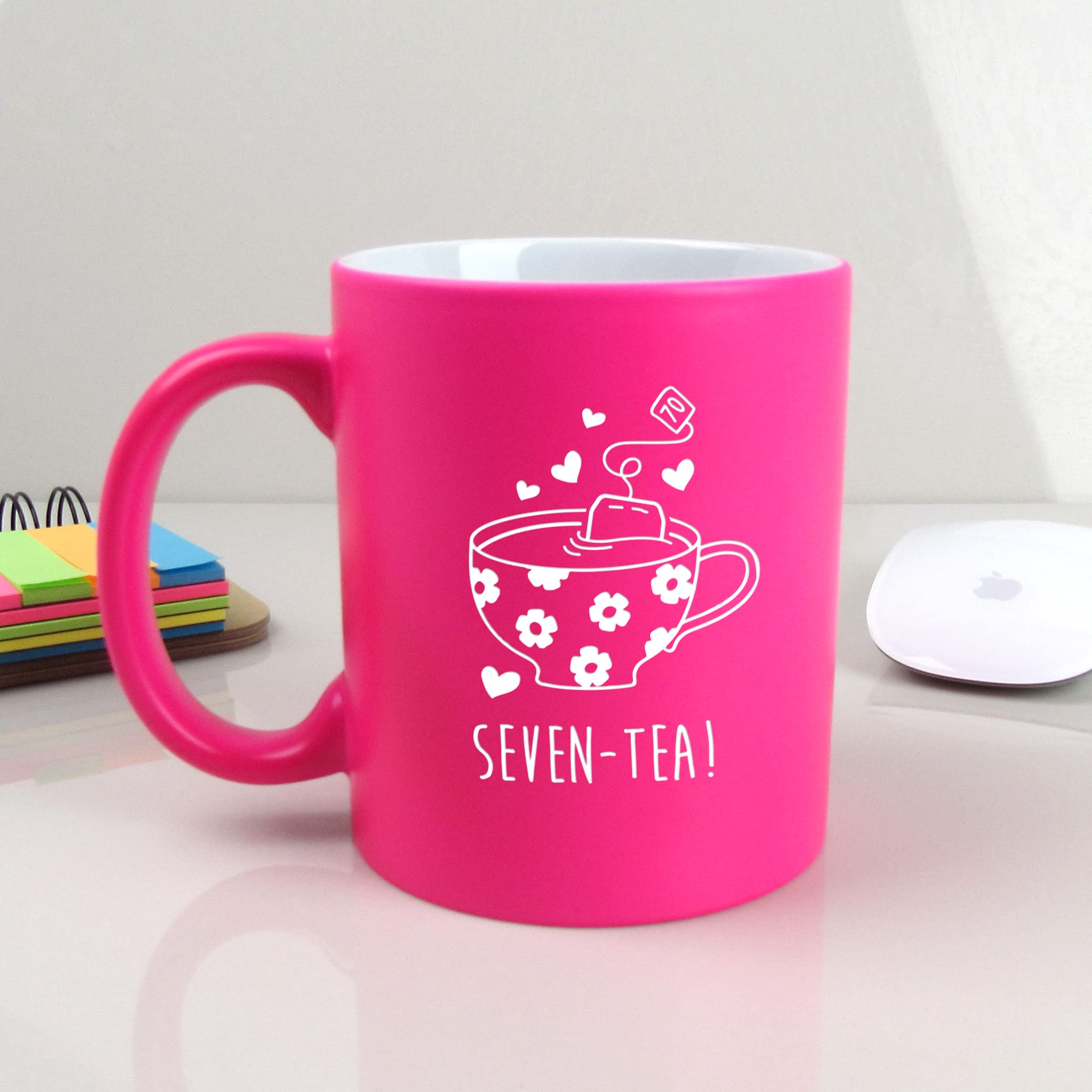 eBuyGB Engraved Neon Pink Coffee Mug -Seven-Tea Design - 310ml Tea Cup, 70th Birthday Gifts for Women, Her - Seventieth Birthday Gift for Mum, Grandma