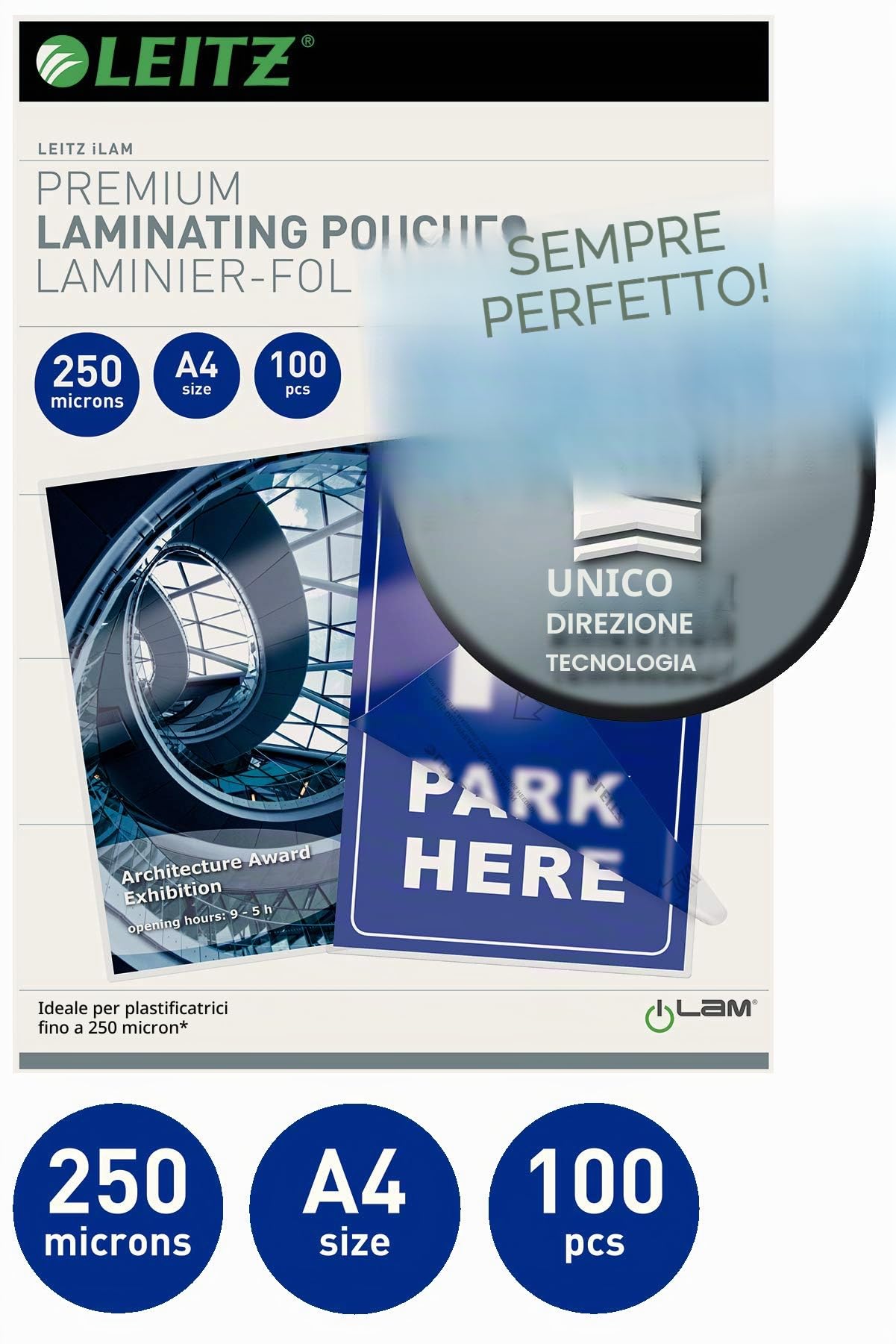 Leitz Pouch per la Plastificazione a caldo con Tecnologia UDT (Unique Direction Technology), Formato A4 , Spessore 2x250 micron, 100 pezzi, 74840000