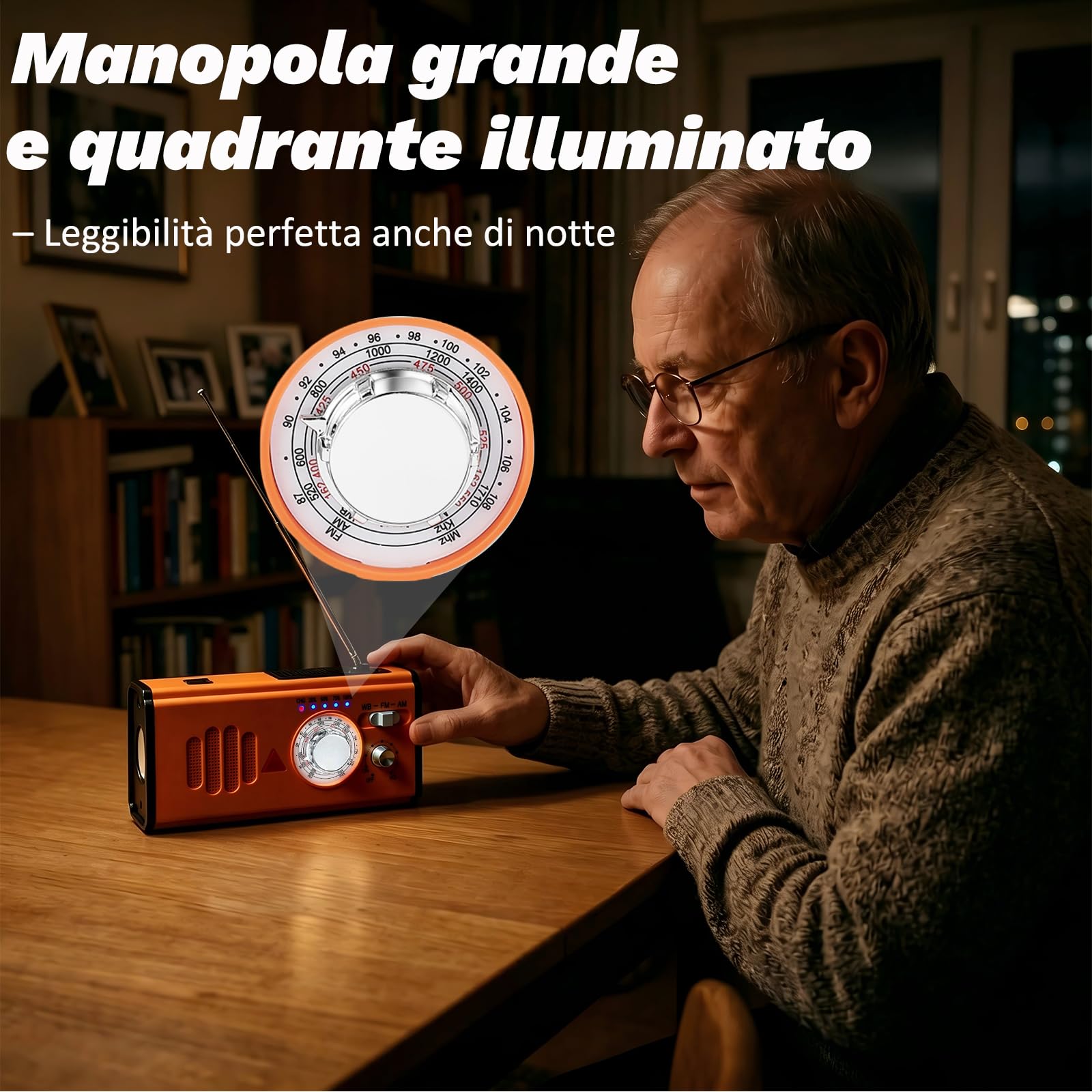 Radio a Manovella di Emergenza con Power Bank 4000mAh, Radio Solare Portatile AM/FM/WB, Torcia LED e Allarme SOS per Campeggio