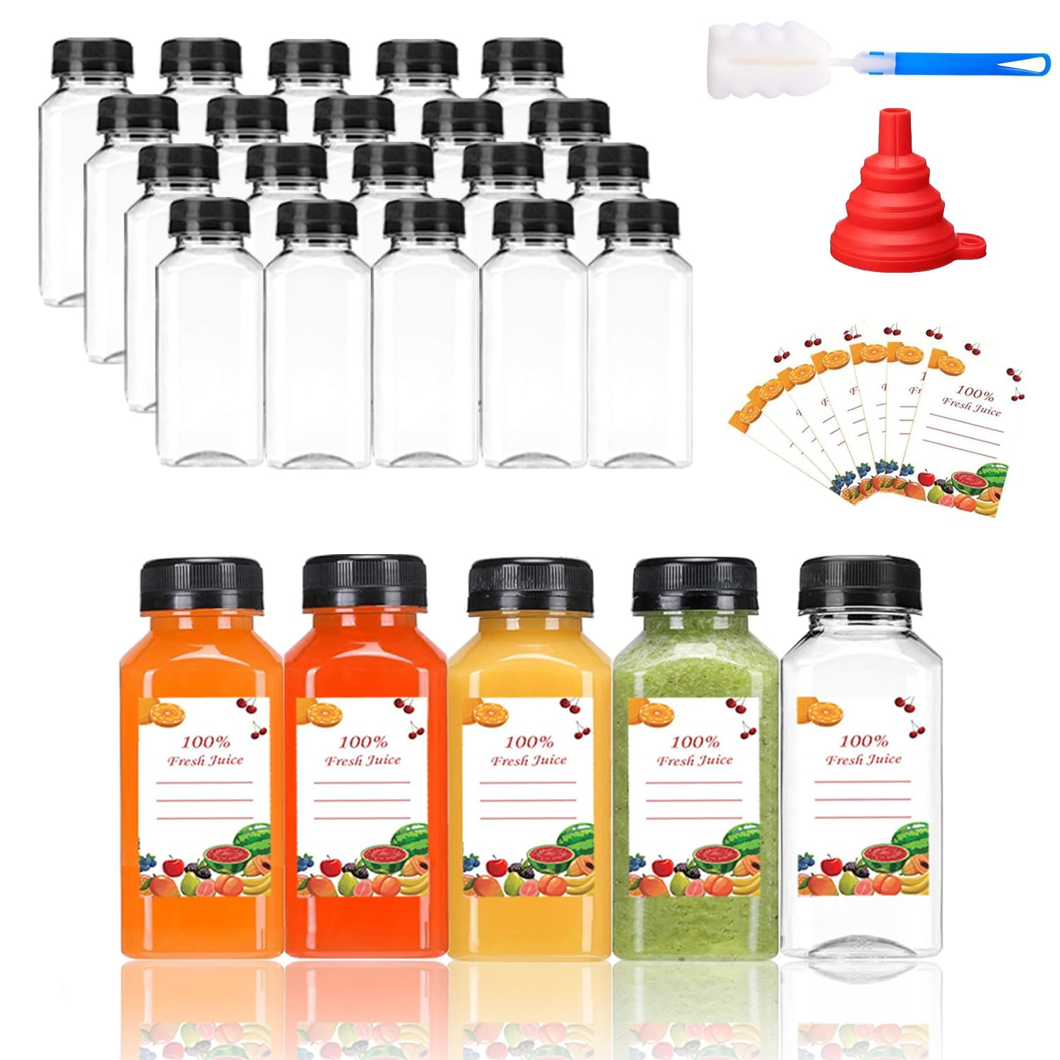 Lot de 20 bouteilles d'eau vides réutilisables en plastique avec bouchons, 240 ml, avec couvercles noirs inviolables pour jus, smoothie, lait (240 ml)
