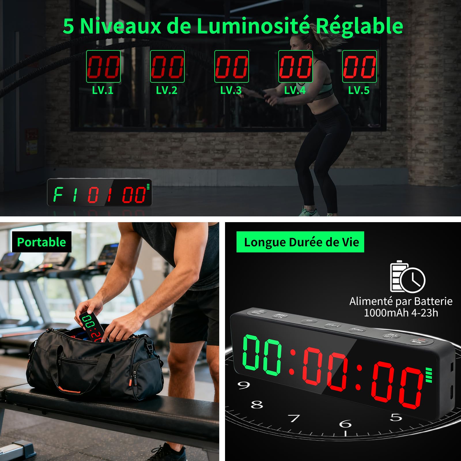 Minuteur Fitness, Portable Horloge Gym Timer, Aimant Puissant, Intervall Timer avec Batterie, Horloge Murale Numerique 12/24H Compte à Rebours/Chronomètre pour la Home/Gym/Garage