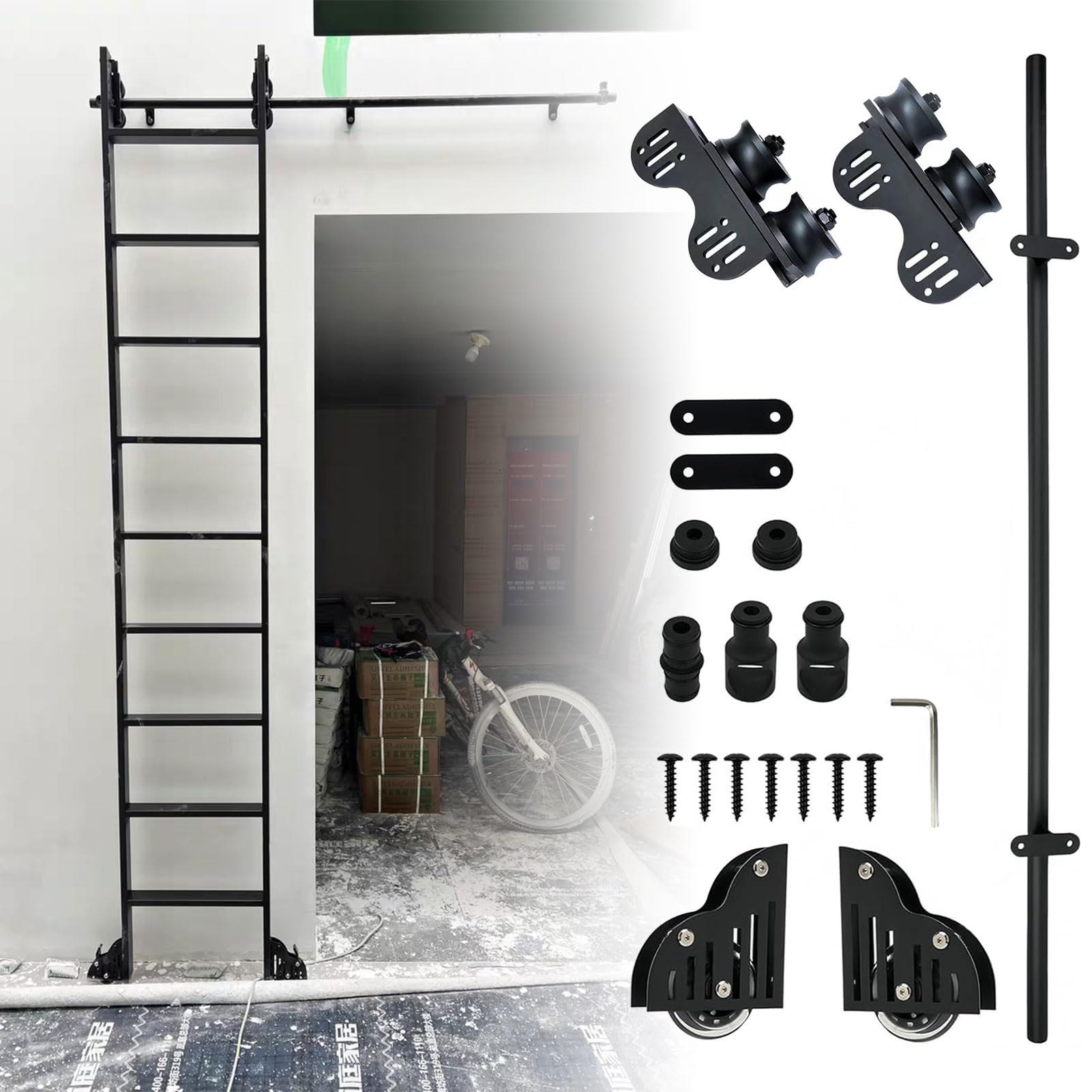 Kit per scale scorrevoli in acciaio nero, resistente, per magazzini, loft, librerie, 4,8 m, sistema di guida scorrevole retrattile con ruote freno inferiori (scale non incluse)