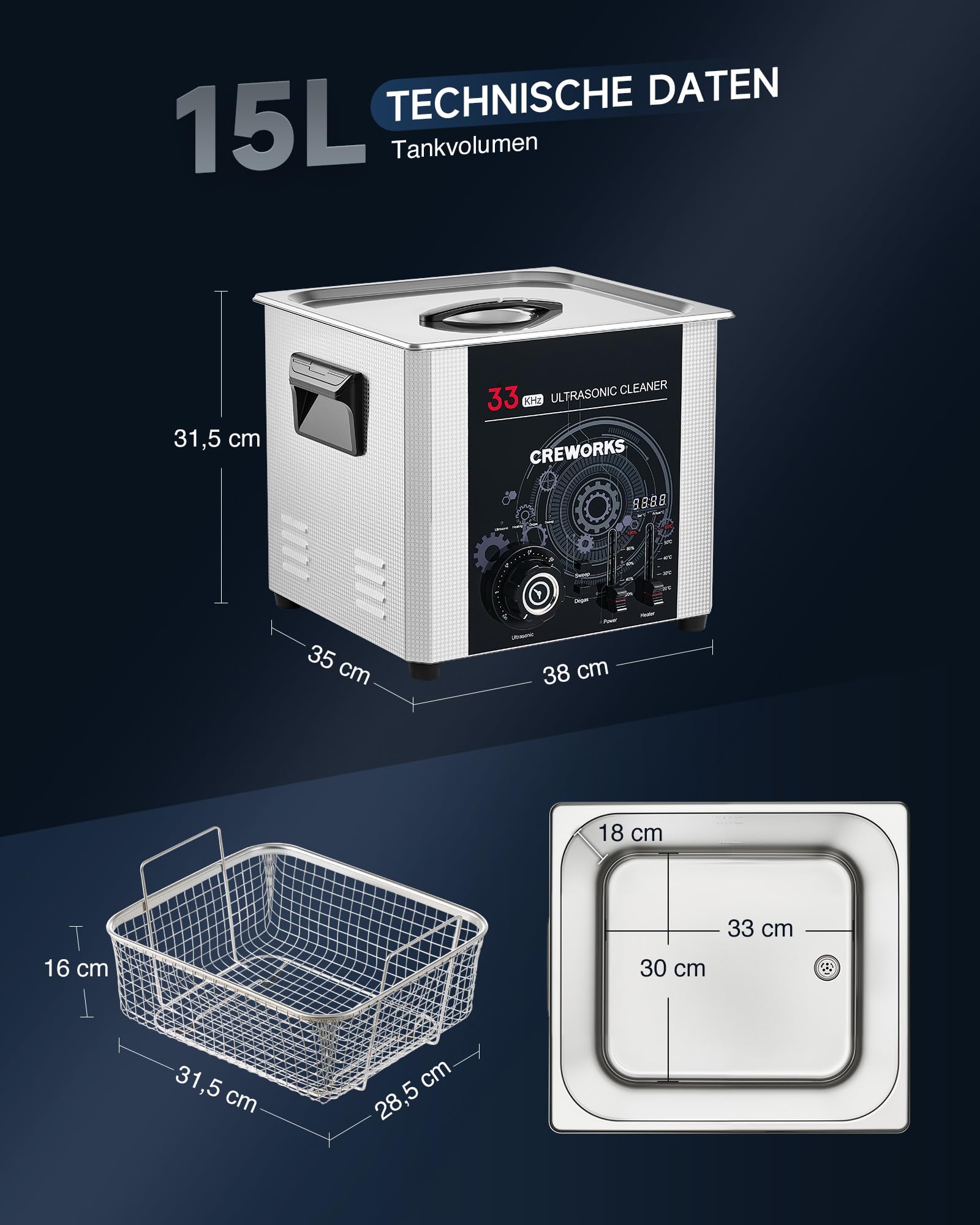 CREWORKS 15L Ultraschallreinigungsgerät Industriell, 33kHz 360W Ultraschallreiniger mit Sweep-Funktion, einstellbarer Timer und Temperatur, Teilereinigungsgerät mit Edelstahlkorb, 450W Heizleistung