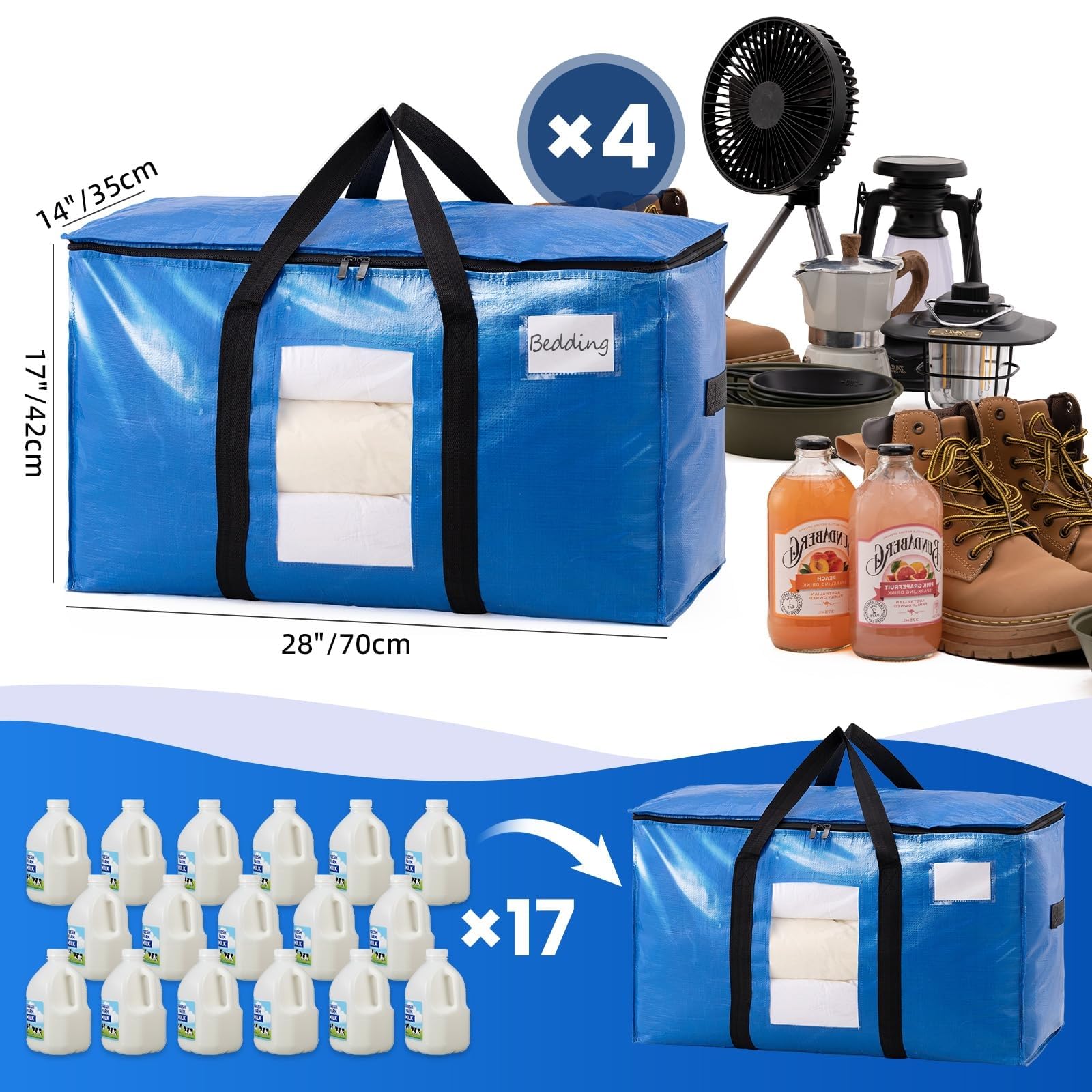 TAILI Bolsa de almacenamiento extragrande con cremallera, ventana transparente y asas reforzadas,Caja de almacenamiento con tapa, adecuada para ropa, viajes y ropa de cama (paquete de 4,Azul)