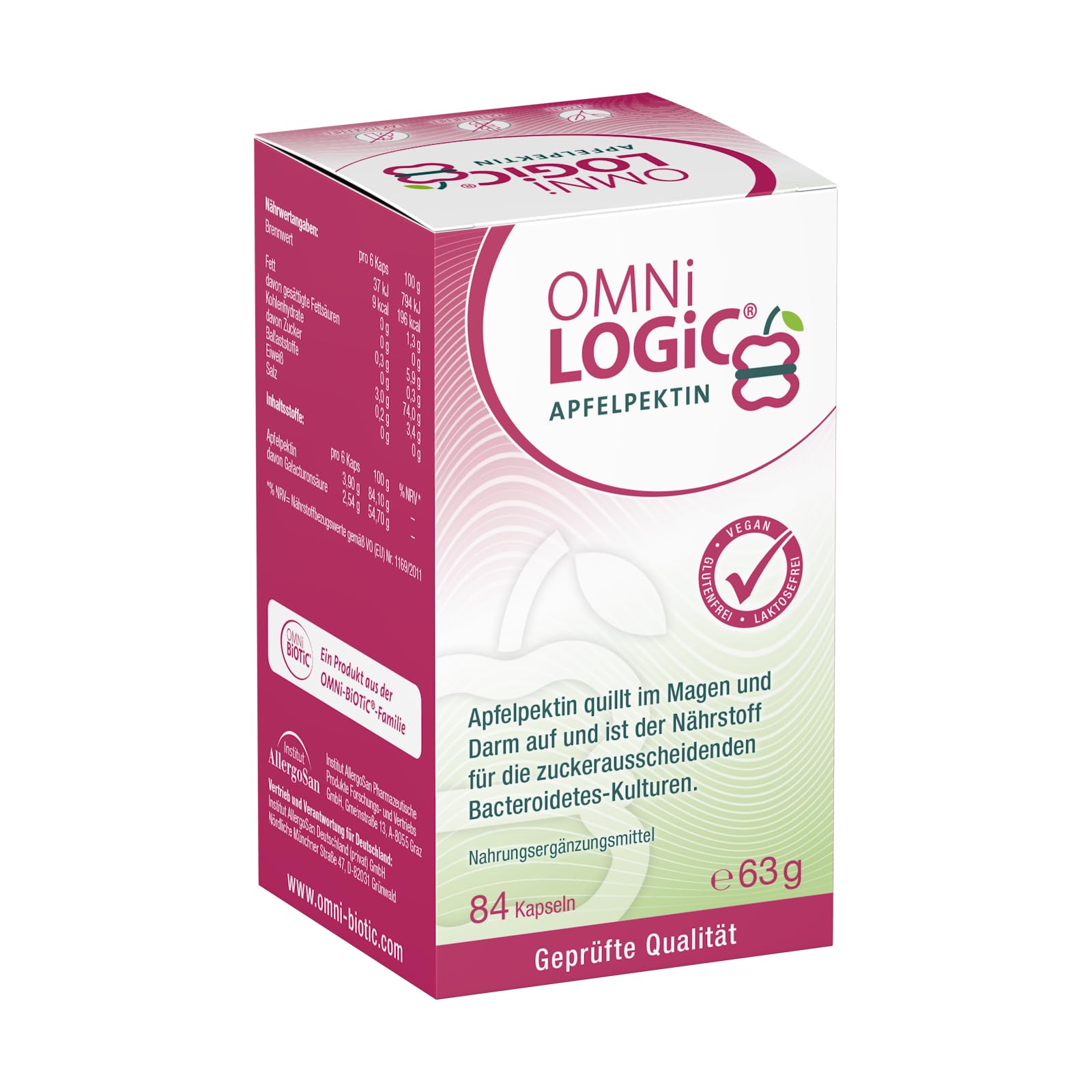 OMNi LOGiC Apfelpektin | Hochwertige Ballaststoff-Kapseln aus Apfel | 3,9 g pro Tagesportion | Ohne Zusatzstoffe | Vegan | 84 Kapseln
