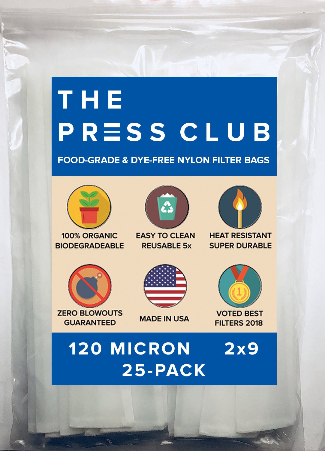 The Press Club 120 Micron 2" x 9" Premium Nylon Tea Filter Bags 25 Pack