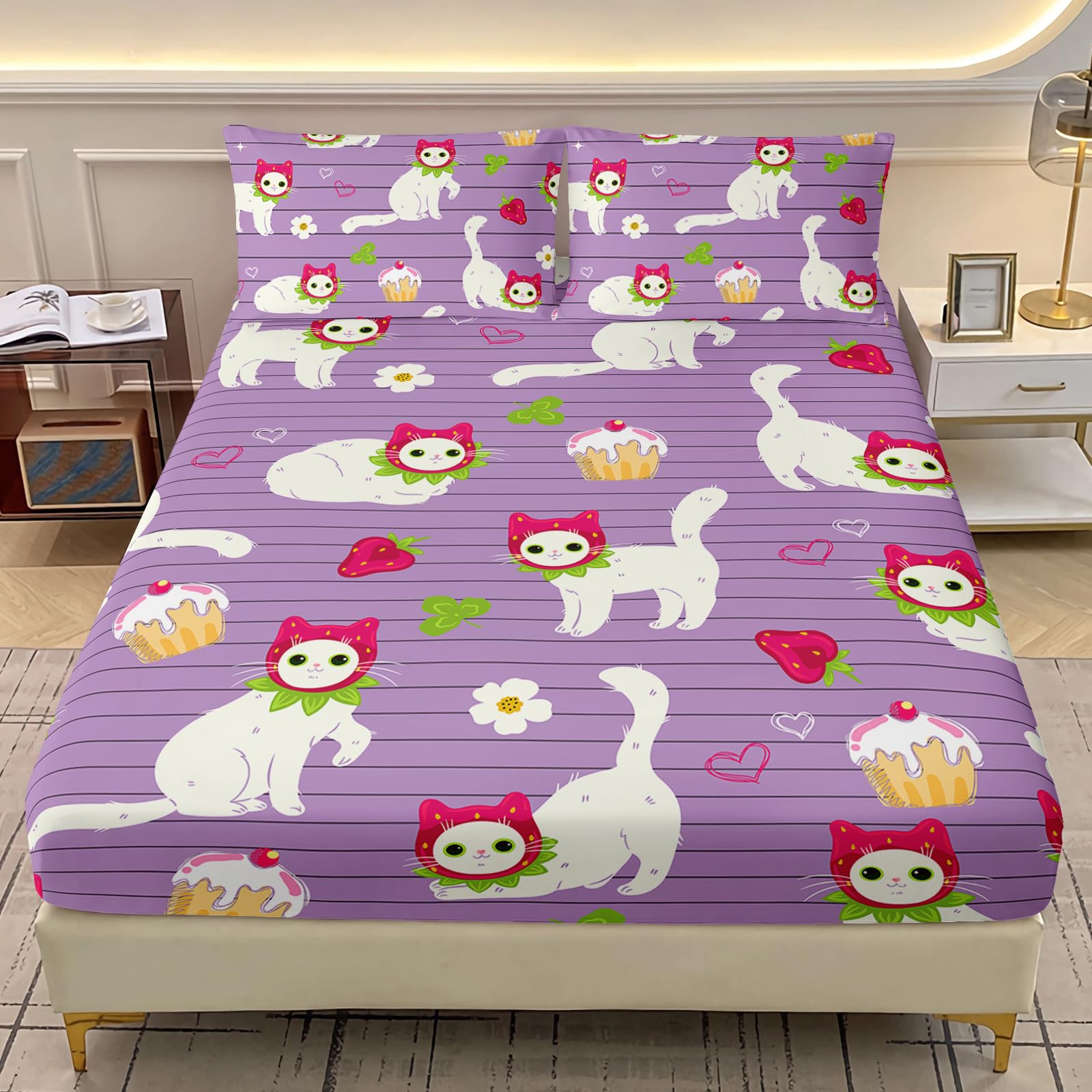 AILONEN Cute Cat Printed Fitted Sheet Set Full Size,Funny Strawberry Hat Kitten Bedding Set for Kids Teens Girls,Purple Stripes Bed Sheet with 2 Pillowcases,3Pcs