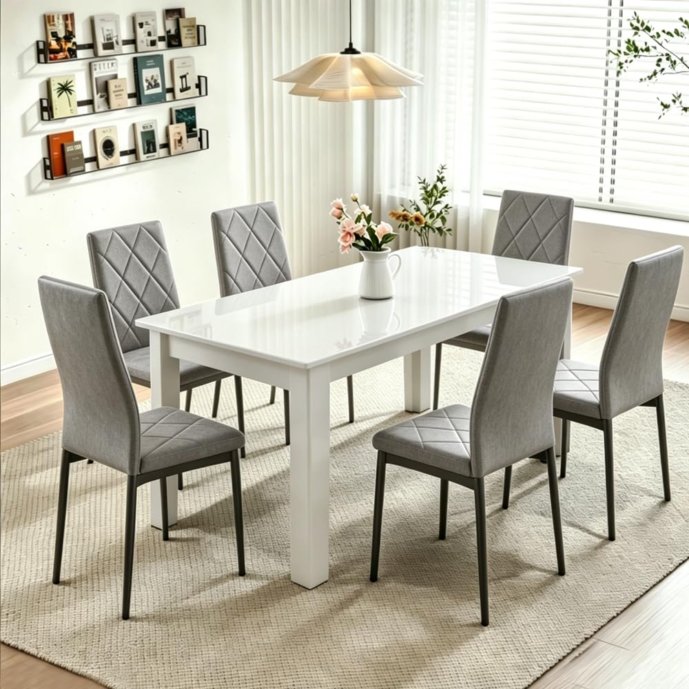 Homullel 7 Piece Dining Room Table and Chairs Set for Dining Room, Modern 120cm White High Gloss Dining Table with 6 Grey Velvet Chairs for Family Dinner Set Space Saving