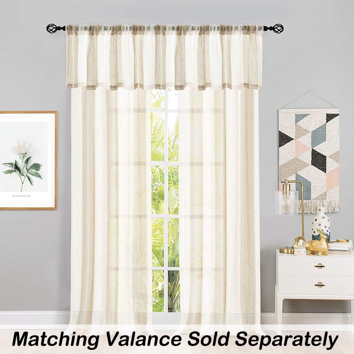 Central Park Beige and White Stripe Sheer Curtains Boucle Linen Farmhouse Rustic Window Curtain Panel Yarn Dyed Woven 84 Inches Long for Living Room Bedroom with Rod Pocket, 40" W x 84" L (Pack of 2)