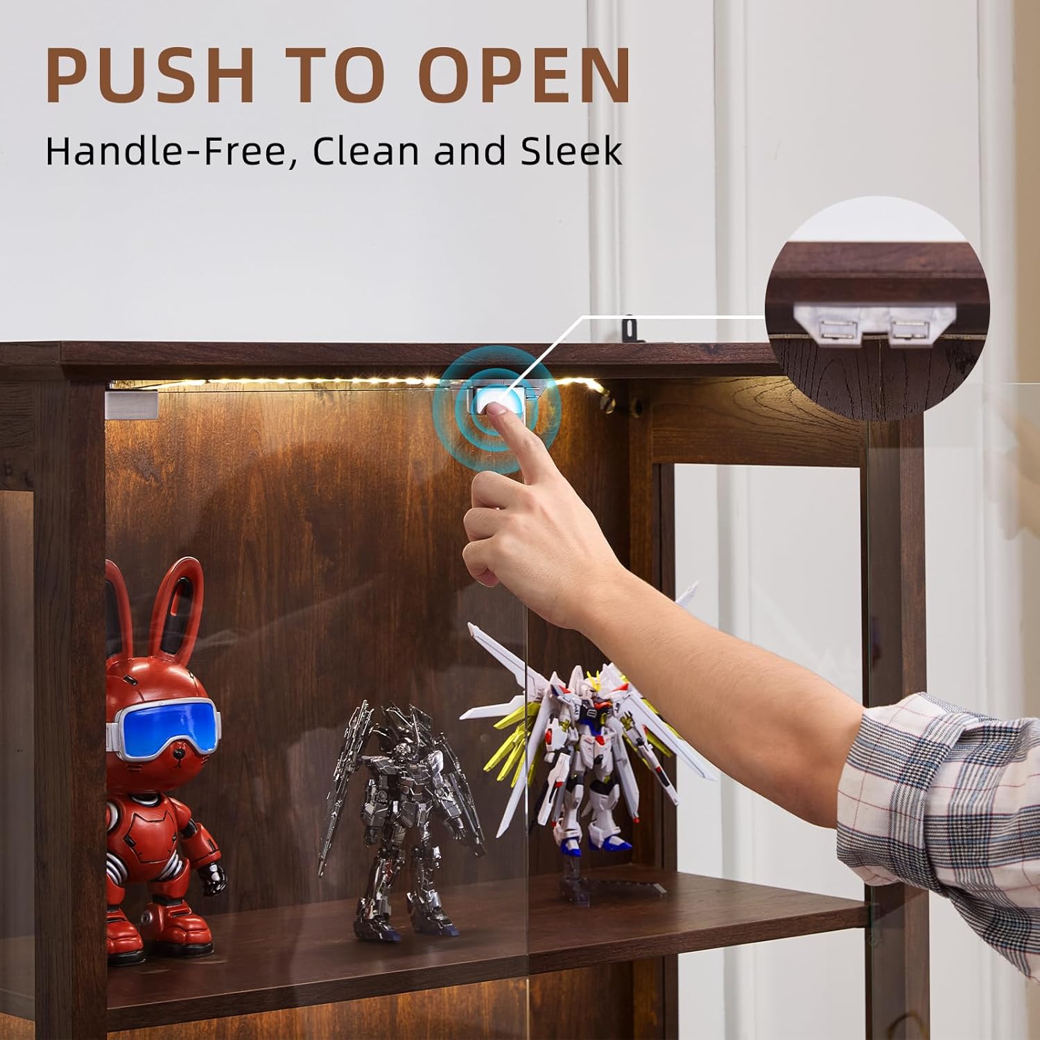 LELELINKY Farmhouse Display Cabinet with Glass Doors, Curio Cabinet with 3-Color LED Motion-Sensor Light, Walnut