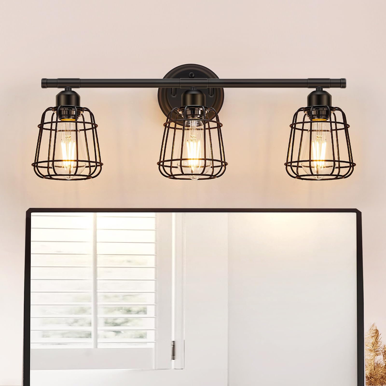 Elibbren3-Light Bathroom Vanity Light Fixtures Over Mirror, Matte Black Bathroom Lighting Fixtures with Cage, E26 Base Farmhouse Wall Sconces for Bedroom Cabinets Living Room, UL Listed