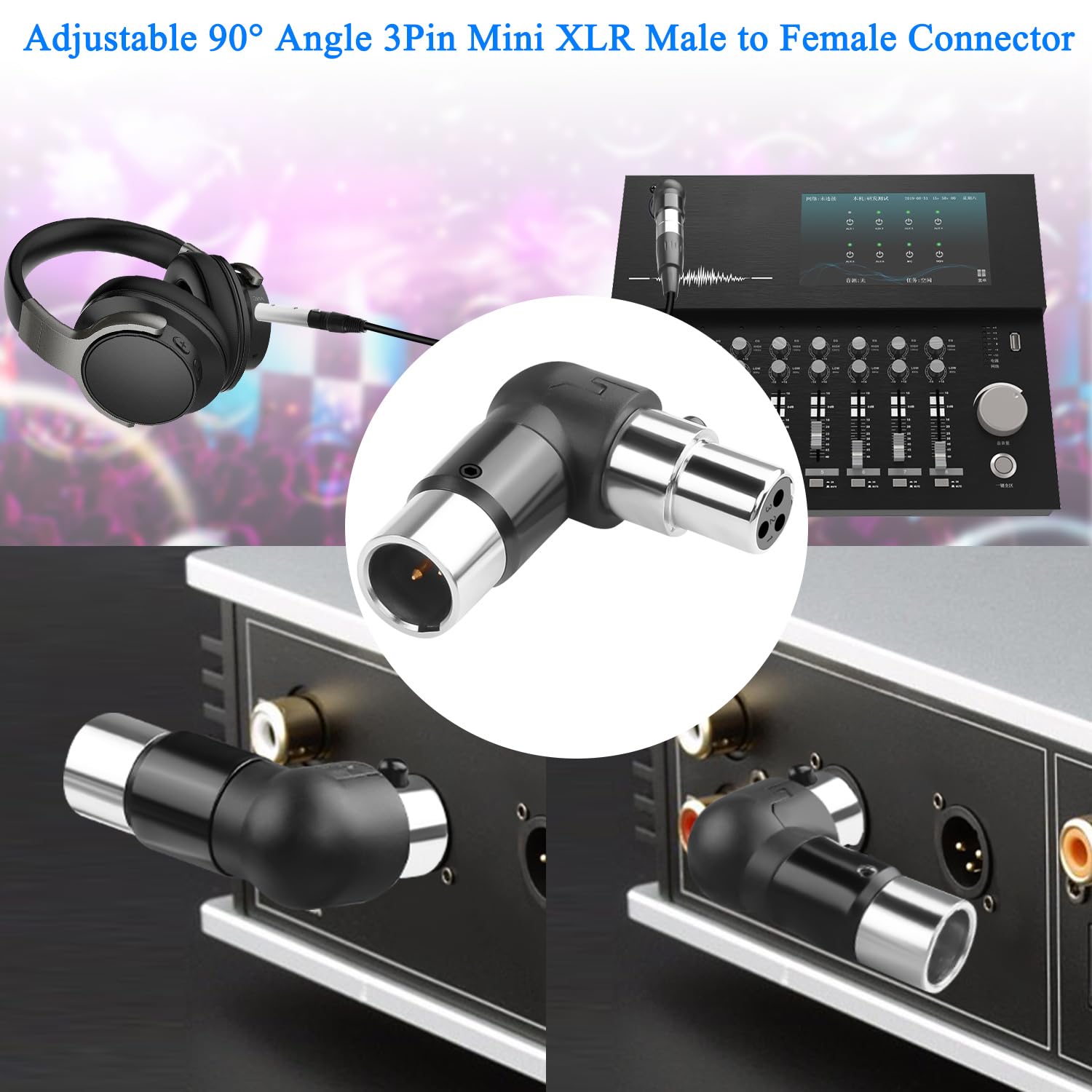 QIANRENON Regulowany pod kątem 90° mini XLR adapter mikrofonowy Złoty 3Pin mini-XLR wtyczka na mini xlr gniazdo Prosty kąt Przedłużacz, do bezprzewodowego mikrofonu na rewersie, kamkordera