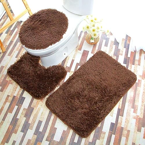 Miniatura 24 de Juego de alfombras de baño suaves de 3 piezas con tapete de baño en forma de U y tapa de inodoro (beige)