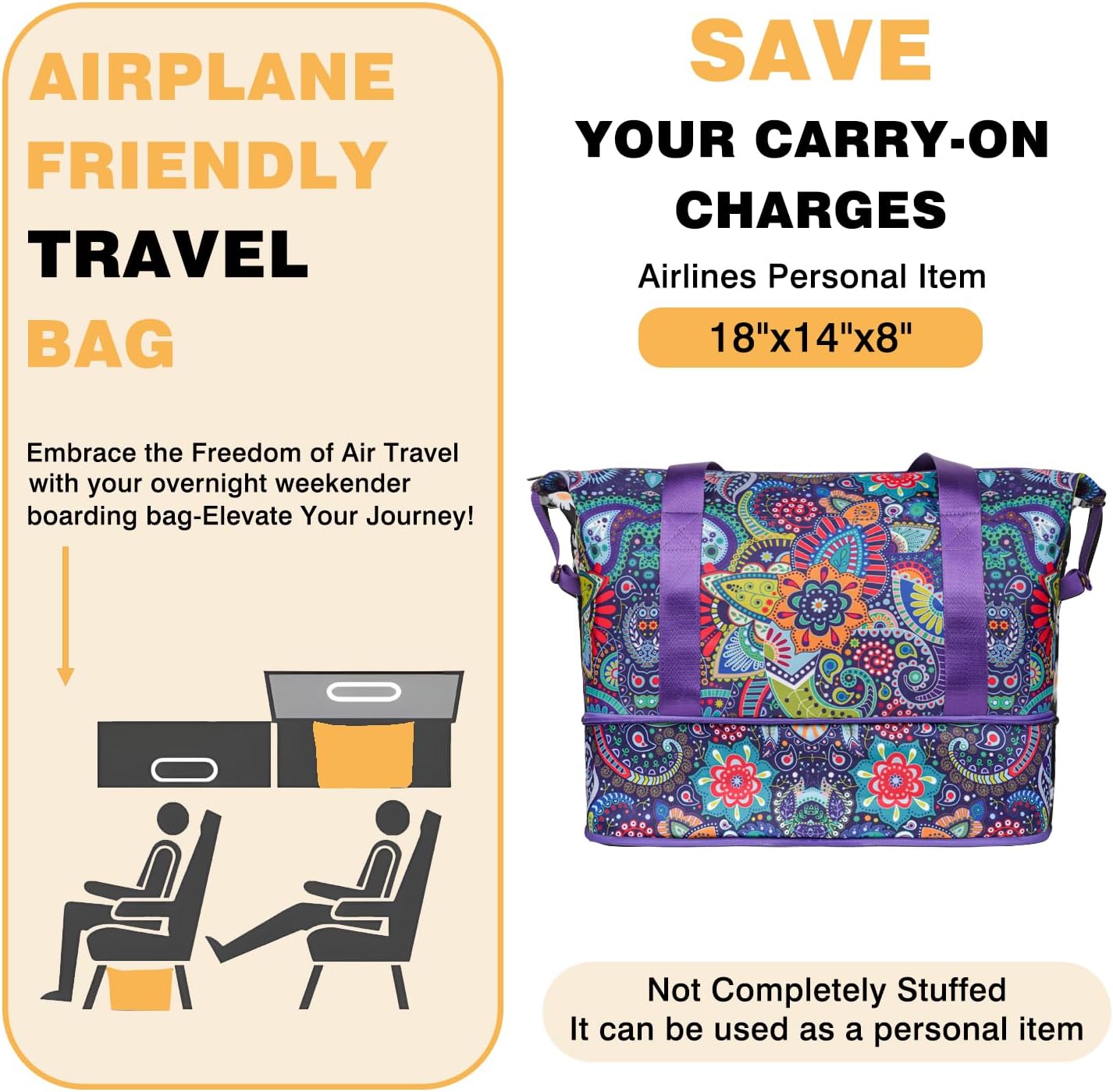 Expandable Travel Duffel Bags for Women Large - Gym Bag Waterproof Boho Weekender Beach Tote Carry on Bag with Luggage Sleeve for Spirit Airlines Personal Item Bags Overnight Mom Hospital Duffels - Image 2