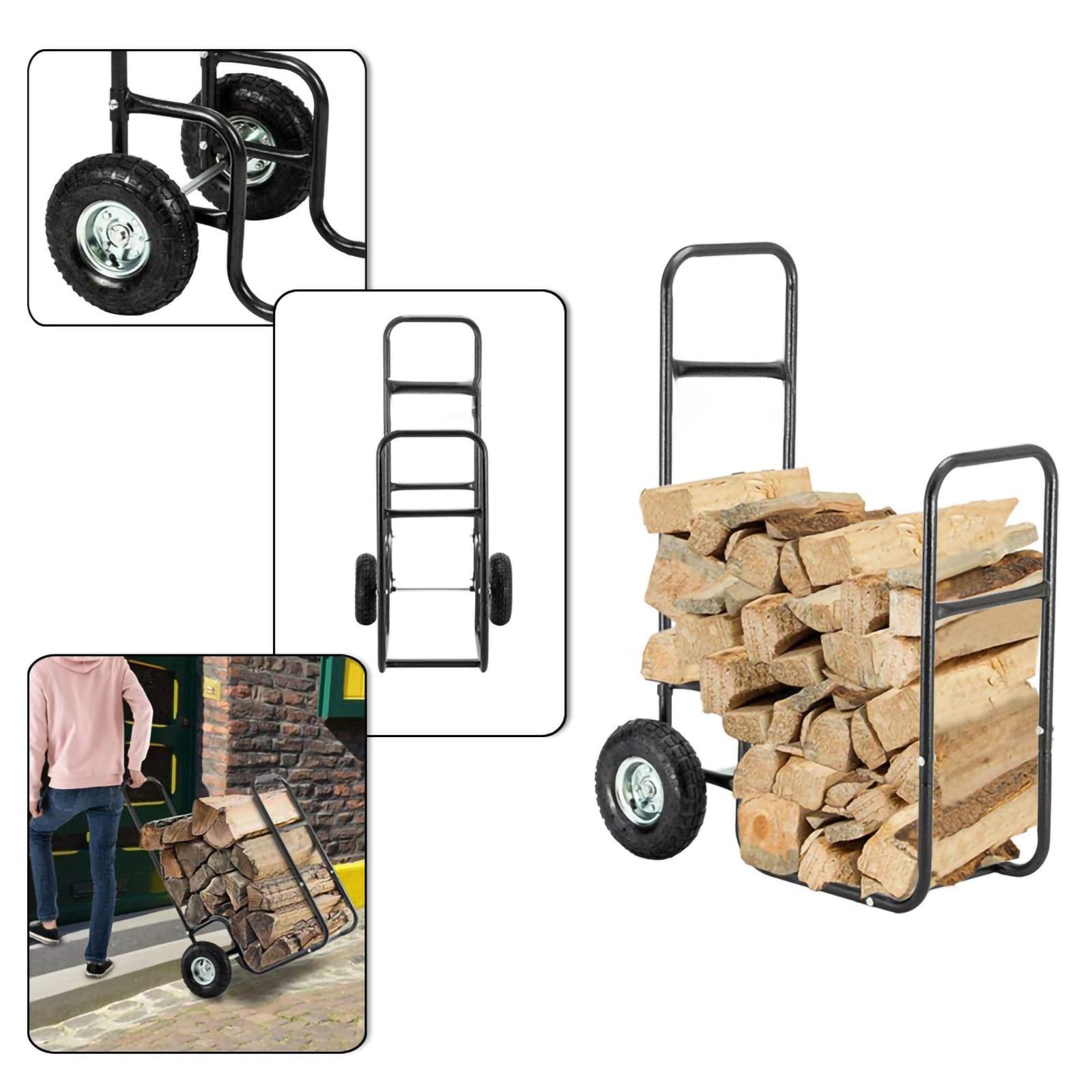 Carrello per legna da ardere con ruote grandi, carrello per legna da ardere, per interni ed esterni, design robusto