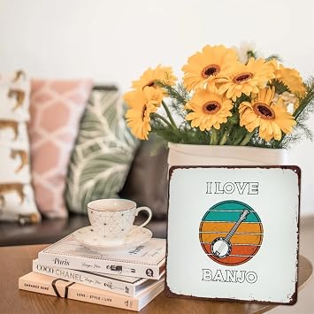 Mousus Banjo Vintage Metal Signs - Music Instrument Musical Tin Signs - I Love Banjo Tin Wall Plaque Wall Art Decor Art Poster 12 X 12 Inch