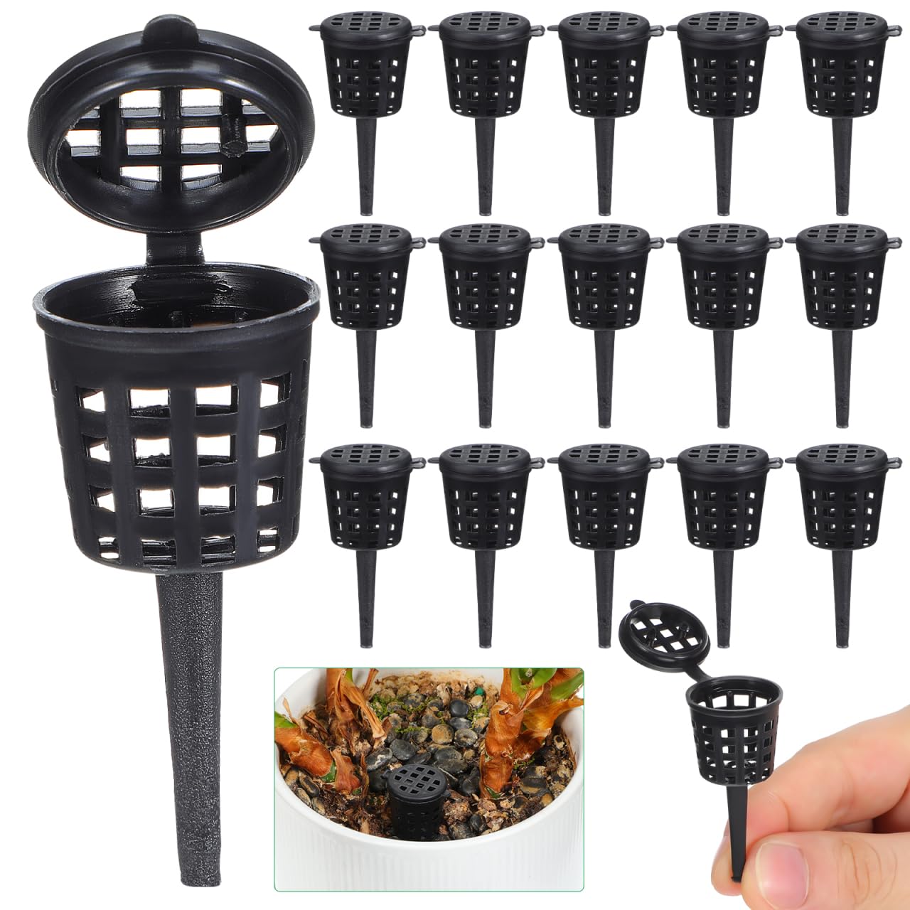 Operitacx 50pcs Bonsai Fertilizer Basket, Plastic Plants Feed Baskets with Cover, Mini Flower Grow Nutrition Mesh Box for Garden Granular Fertilizer, 5x2cm (Black)
