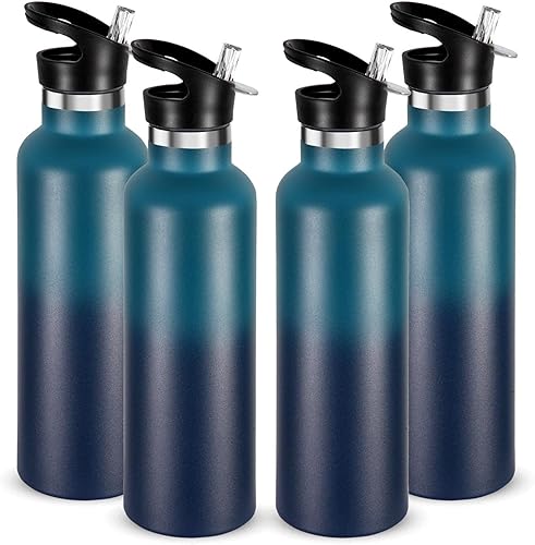 Miniatura 39 de Neihepal Botellas de agua de acero inoxidable plateadas, botella de viaje de doble pared aislada al vacío de 24 onzas con tapa de popote a prueba de