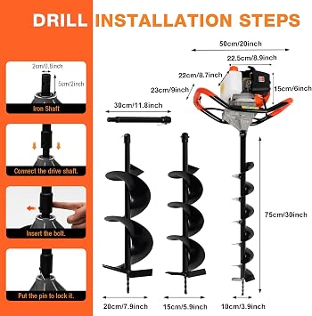 YIYIBYUS Post Hole Digger, 52CC 2 Stroke Petrol Earth Auger Digger w/Extension Rod, Fence Post Hole Borer Ground Drill with 4 6 8 Bits Drilling Holes for Planting Trees
