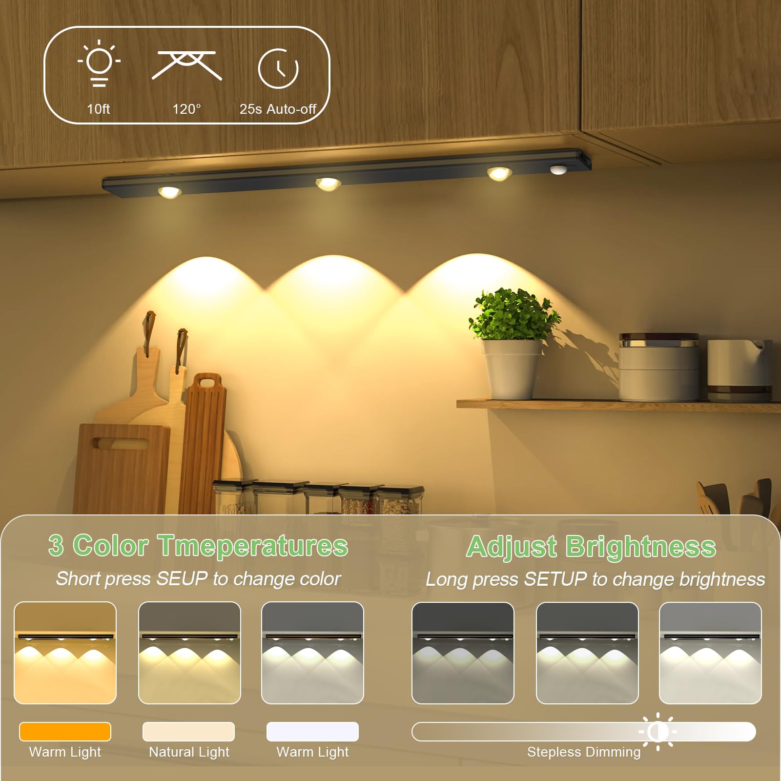 WOLDFY 3 Color Tempers Dimmable Under Cabinet Lights Wireless[2 Pack], Rechargeable LED Motion Sensor Lighting Indoor, Magnetic Closet Lights (Black-2000mAh-15.7in)