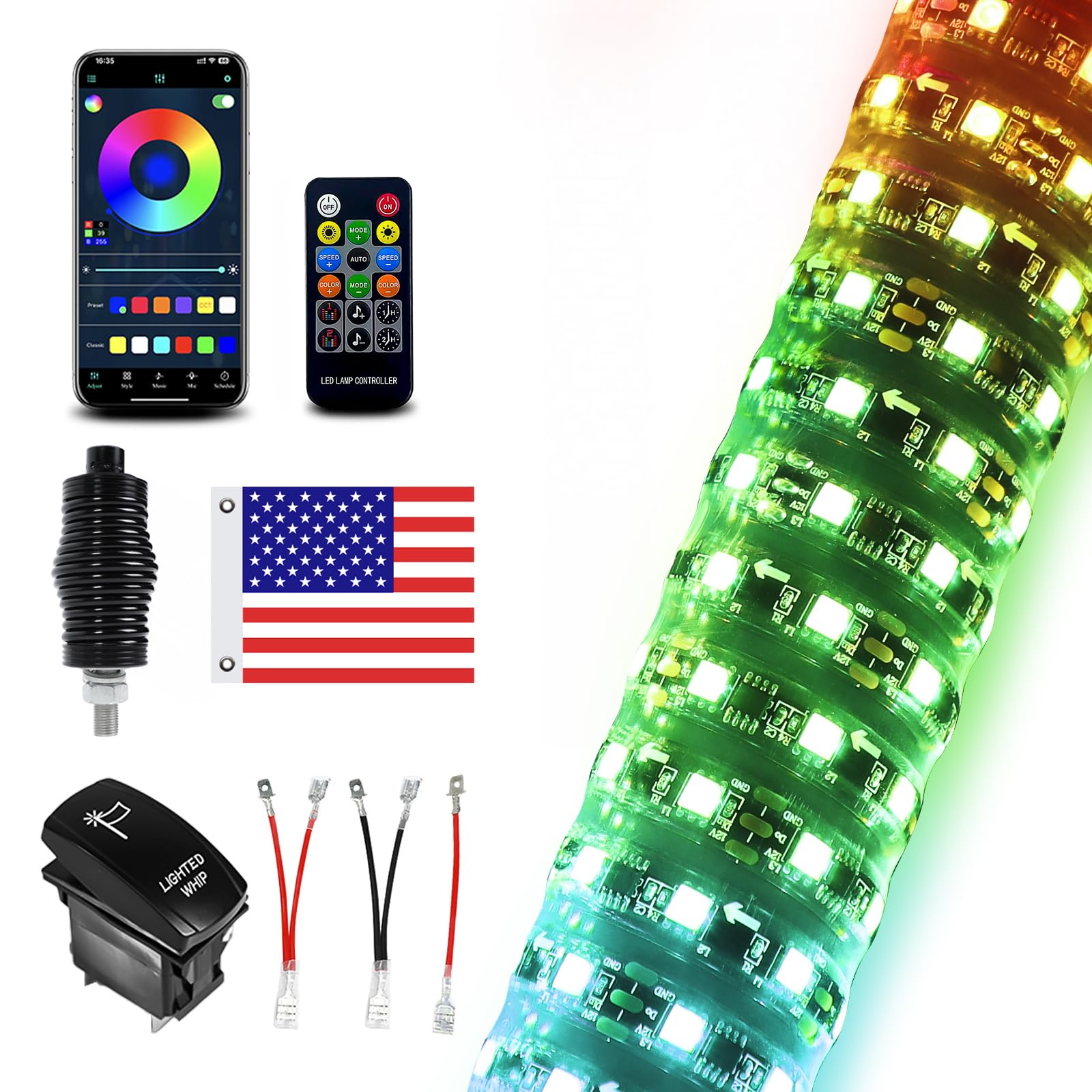 1 Pack 3FT Fat LED Lights with App &amp; Remote Control, Spiral RGB Chasing Antenna Whips for SXS UTV ATV RZR, Can-Am X3 Off-Road