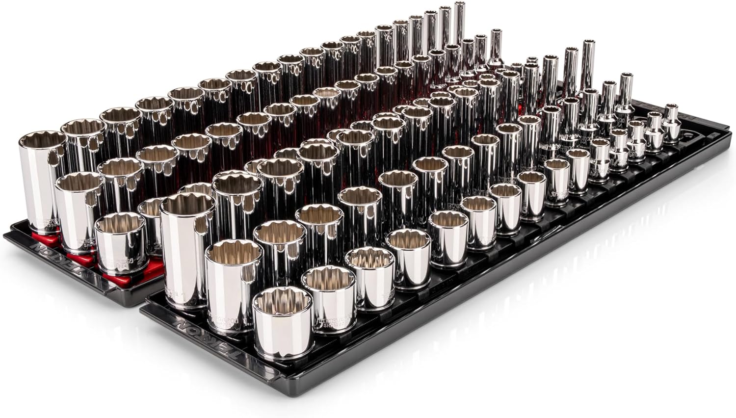 TEKTON 3/8 Inch Drive Shallow, Semi-Deep, and Deep 12-Point Socket Set with Rails and Trays, 102-Piece (1/4-1 in., 6-24 mm) | SHD91223