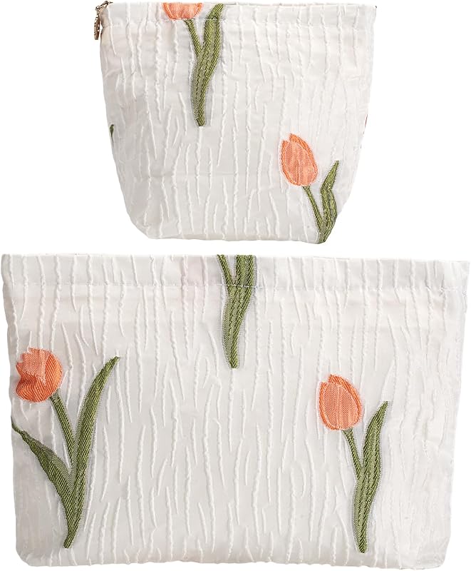 Conjunto RIKMOXR com 2 necessaires estampadas de tulipas, tecido branco, 1 grande e 1 pequena