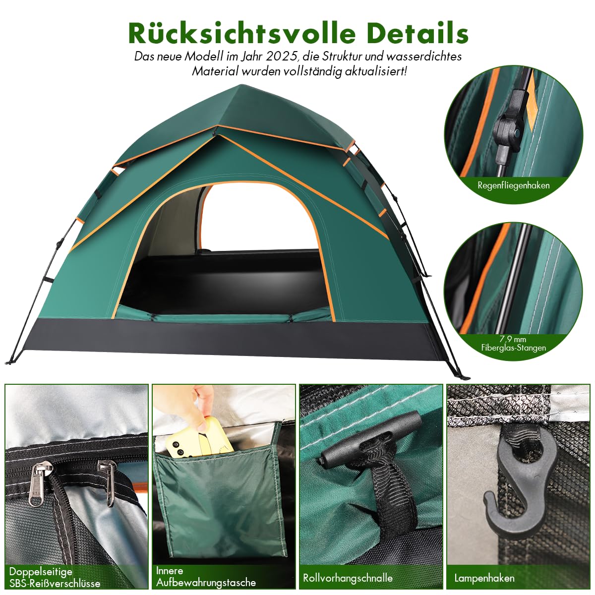 Camping Zelt 2-3 Personen, Automatisches Pop Up Kuppelzelt mit Doppel-Türen, Wasserdicht & Winddicht, 3-4 Saison Zelt Outdoor Zelt für Familie, Trekking und Camping, Waldgrün