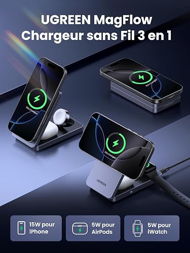 UGREEN MagFlow 3 en 1 Qi2 15W Chargeur Induction iPhone MagSafe Pliable - 3