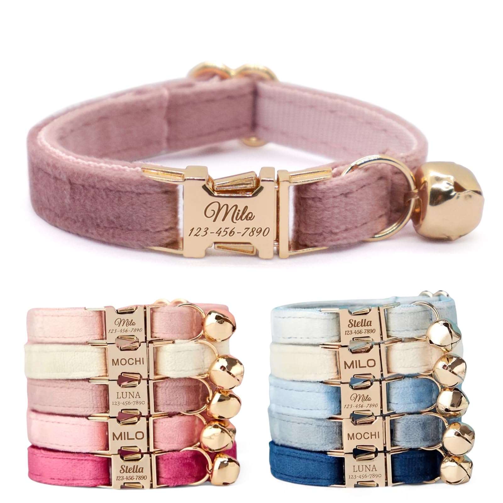 CHRYMPETIC Non-Breakaway Velvet Personalised Cat Collar with Name - Customisable Collar with Bell & Bow Tie Available (Soft Pink) โ image 1