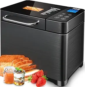 KBS 17-in-1 Bread Maker,710W Dual Heaters Bread Machine,2LB Stainless Steel Bread Maker Machine with Nut Dispenser&Ceramic Pan,15H Timer&1H Keep Warm,Gluten-Free,Touch Panel,3 Loaf Sizes3 Crust Colors