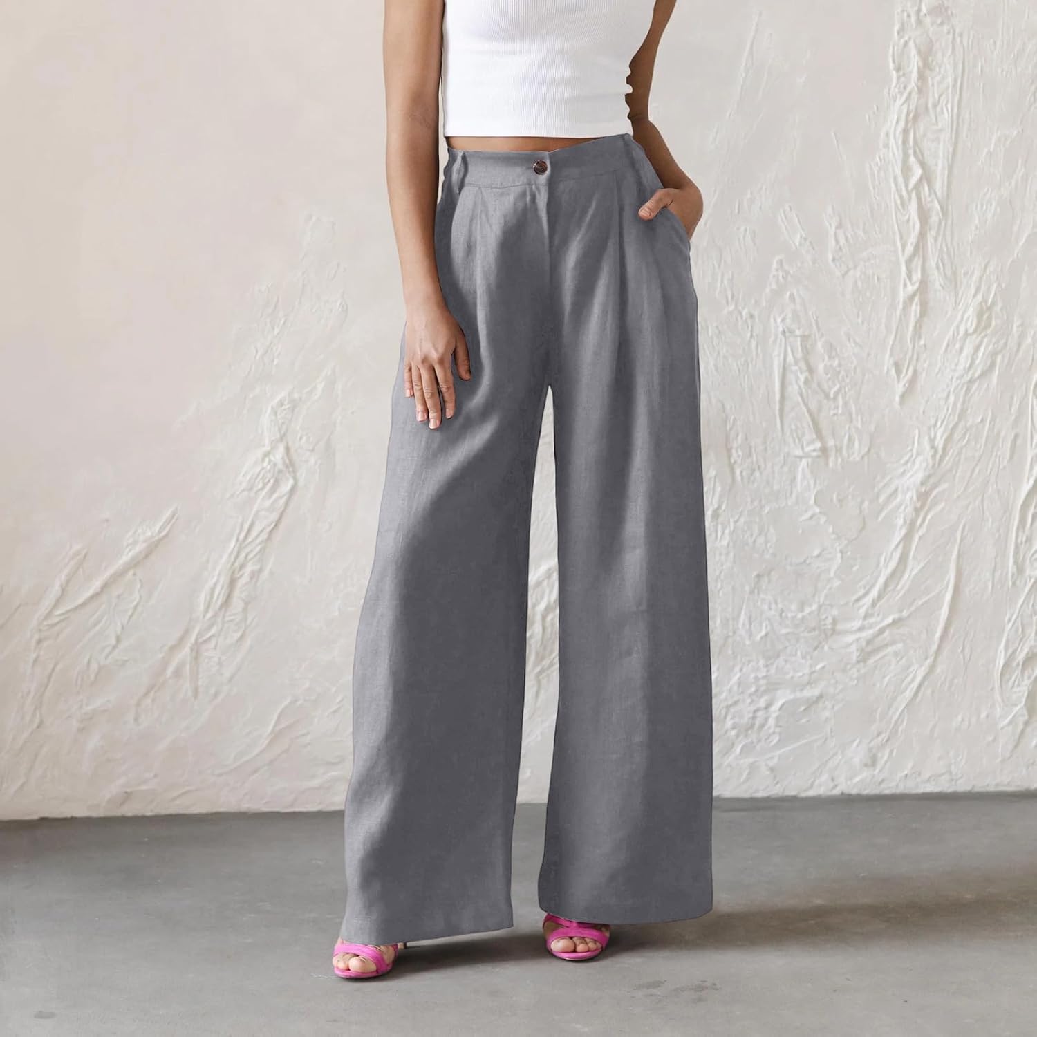 Linen Pants for Women Wide Leg Palazzo Summer Flowy Pants Beach Vacation Clothes Travel Trousers with Pockets