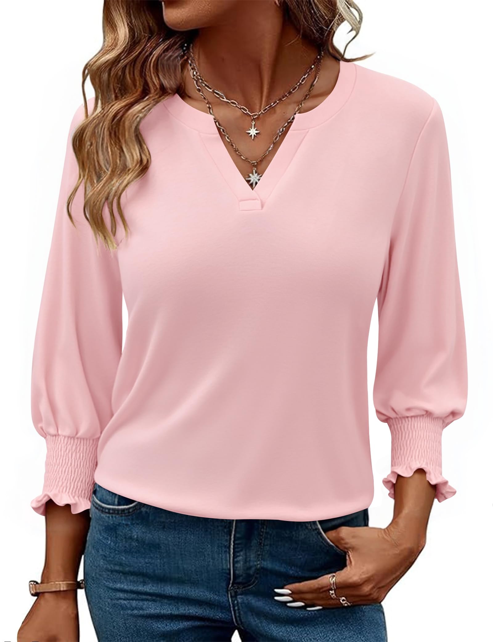 Gyabnw Damen Bluse mit V-Ausschnitt und 3/4-Ärmeln Elegantes Lockeres Blusenshirt Bequem und Hautfreundlich