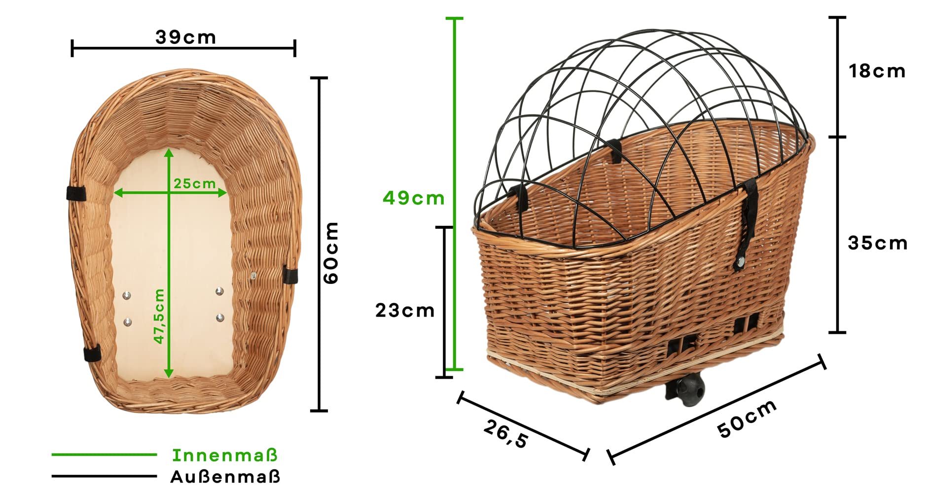 Tigana Hundefahrradkorb für Gepäckträger aus Weide 60 x 39 cm Weiß Gitter Tierkorb Hinterradkorb Hundekorb für Fahrrad (W-S) (XXL + Kissen/Holz/Einlage G1)