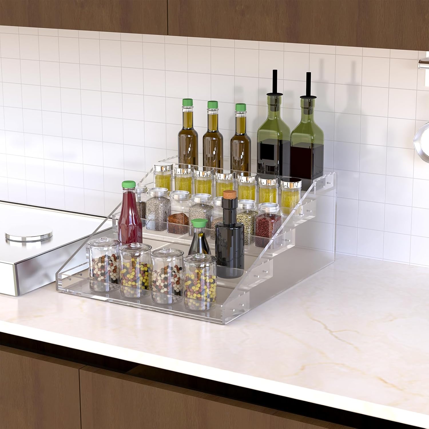 pmmasto widen tiered spice rack, seasoning organizer, clear acrylic vertical shelves can organizer for countertop, cabinet, pantry, kitchen organization and storage - 5 tier widen 5 tier - inner width 3''