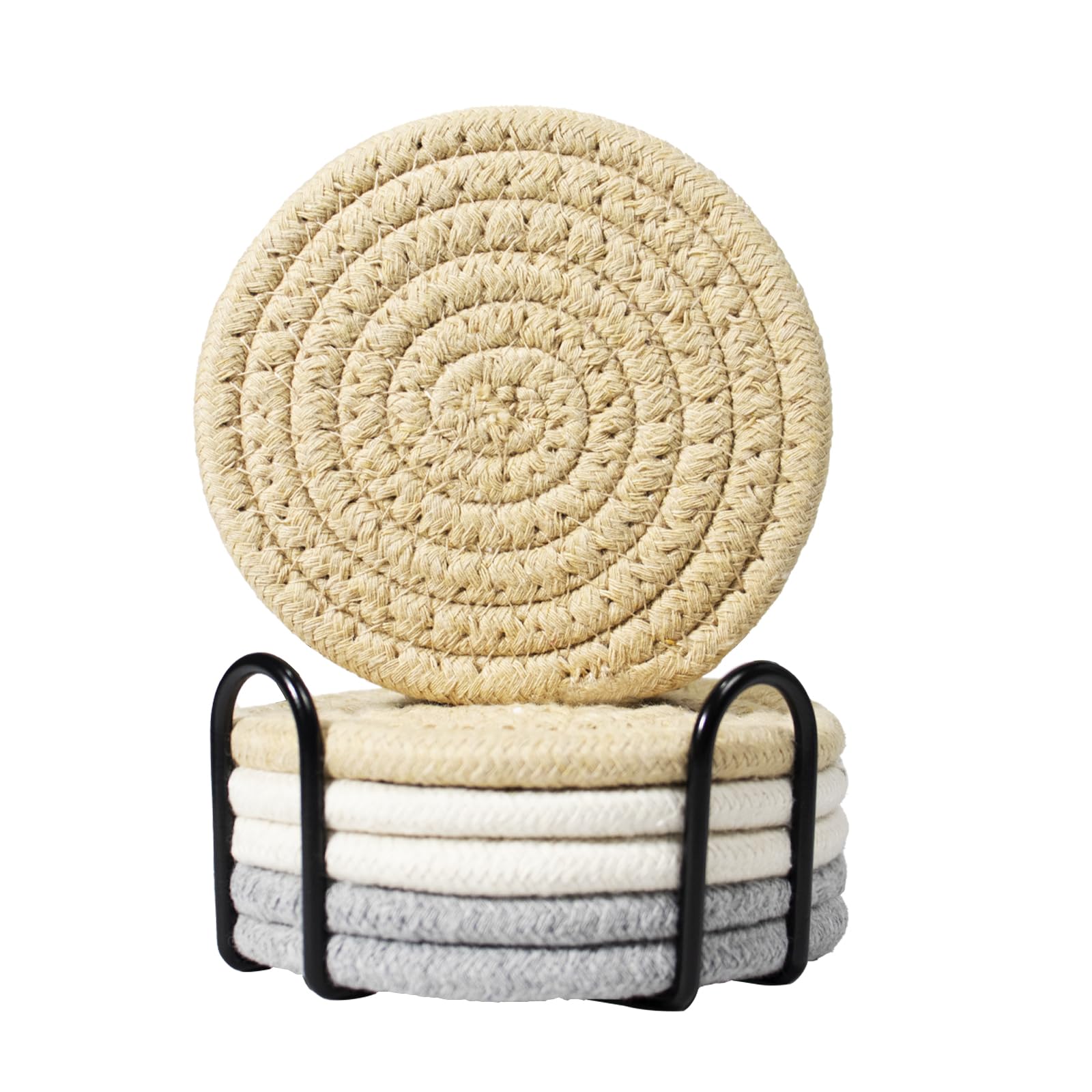 Cglrybo Women's Khaki, Light Grey, Beige（With Holder) 6/8 Pcs Vintage Round Woven Coasters，Absorbent & Heat-Resistant For Home Coffee Table Desk Cups Tabletop Protection，Boho Decor For Living Room, Birthday Gifts For
