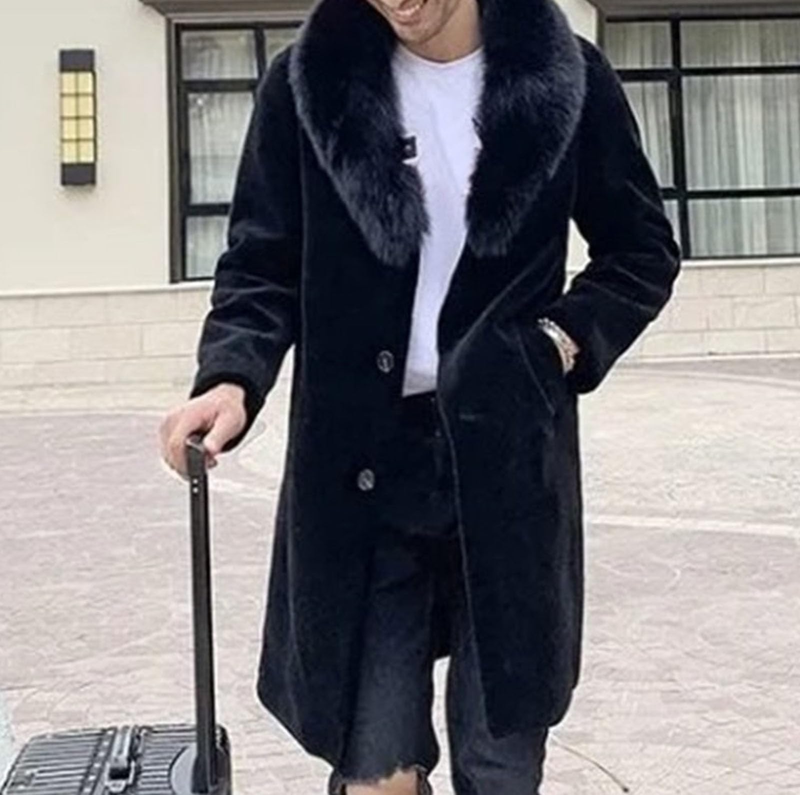 Trench invernale da uomo con collo in pelliccia sintetica, cappotto doppiopetto spesso, cappotto lungo da lavoro, parka