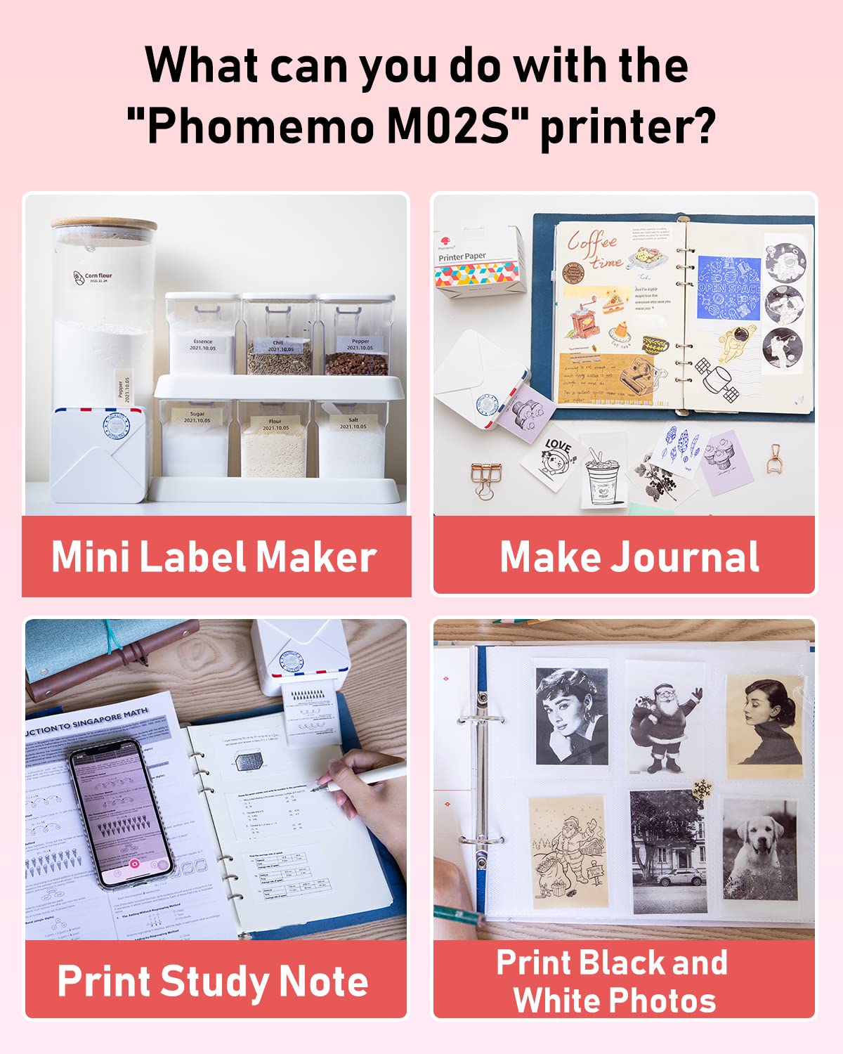 Phomemo M02S 300dpi Imprimante Photo Portable, Mini Thermique Bluetooth Imprimante de Poche Compatible avec Papier 15,25,53mm, pour Impression Photo, Journal, Cadeau, Étiquettes Maison - Blanc
