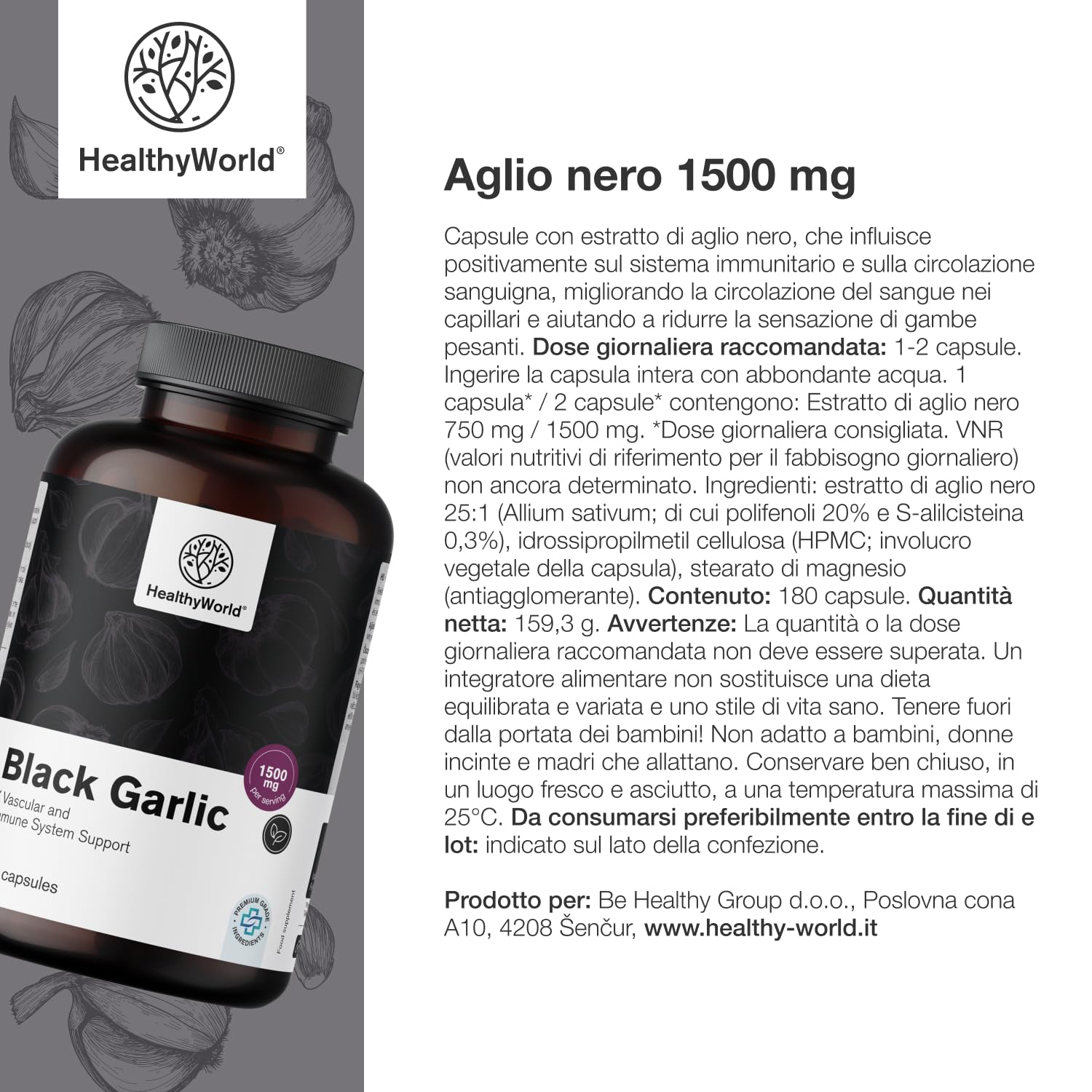 HealthyWorld® Aglio Nero 1500 mg - 180 Capsule - Estratto di Aglio 25:1-20% Polifenoli - Inodore e senza sapore sgradevole - Per più di 3 mesi - Sistema immunitario e Circolazione