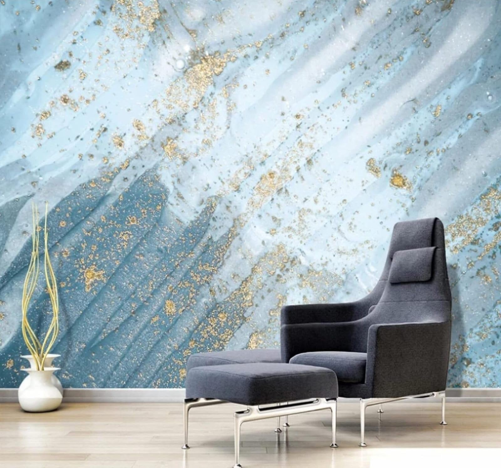 XLMING Abstract Blue Gold Ink Wash Marble Effect 3D Wallpaper Luxury Silk Study Dining Feature Sofa Grey Bedroom Living Room Tv Decorative Wall-350cm×256cm