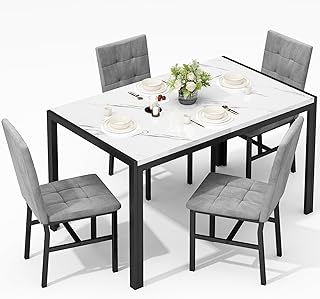 AWQM Products 5-Piece Marble Dining Set, Modern Kitchen Table and Chairs for Dining Room, Dinette, Compact Space Saving Furniture, 4 Upholstered Grey Velvet Chairs - White
