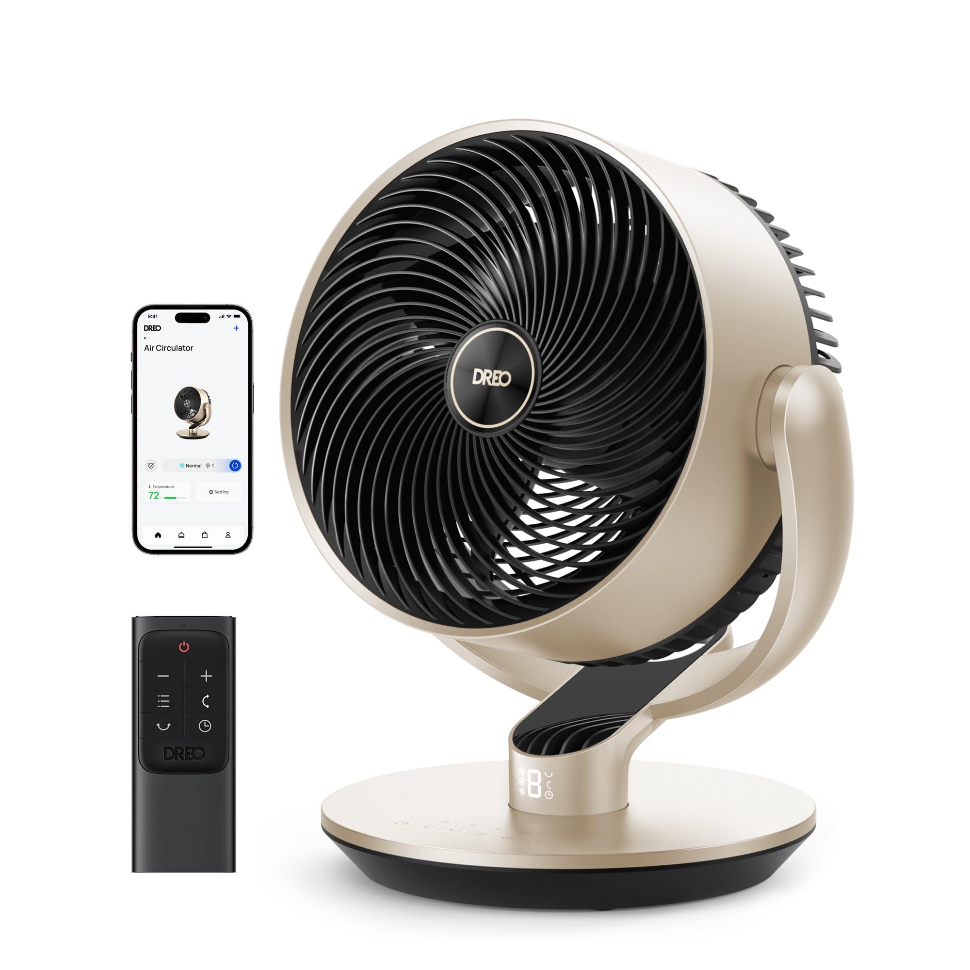 Dreo 16''Height 25dB Quiet Smart Fans for Bedroom, DC Room Fan with Remote, 120°+120° Omni-Directional Oscillating Fan, 6 Modes, 9 Speeds, 12H Timer, Alexa/Google/WiFi/Voice Control, Gold