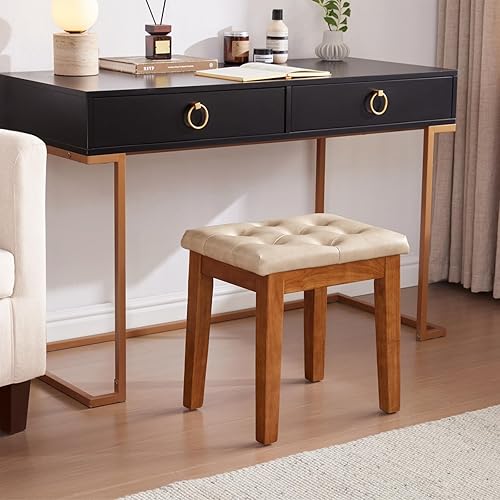 Miniatura 3 de Taburete otomano tapizado con asiento acolchado, taburete de tocador copetudo con patas de madera maciza, taburetes decorativos, piel sintética