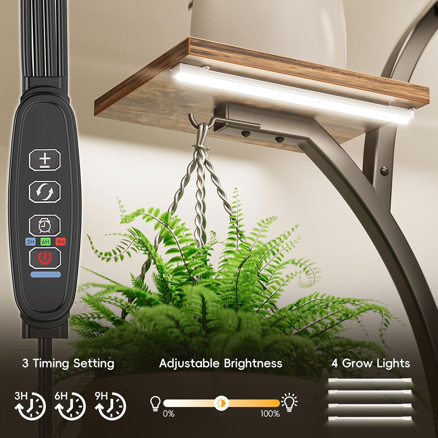 Plant Stand Indoor with 4 Grow Lights - 63" Tall Plant Shelf- 8 Tiered Corner Plant Flower Stands Display Shelves for Home, Patio (Brown)