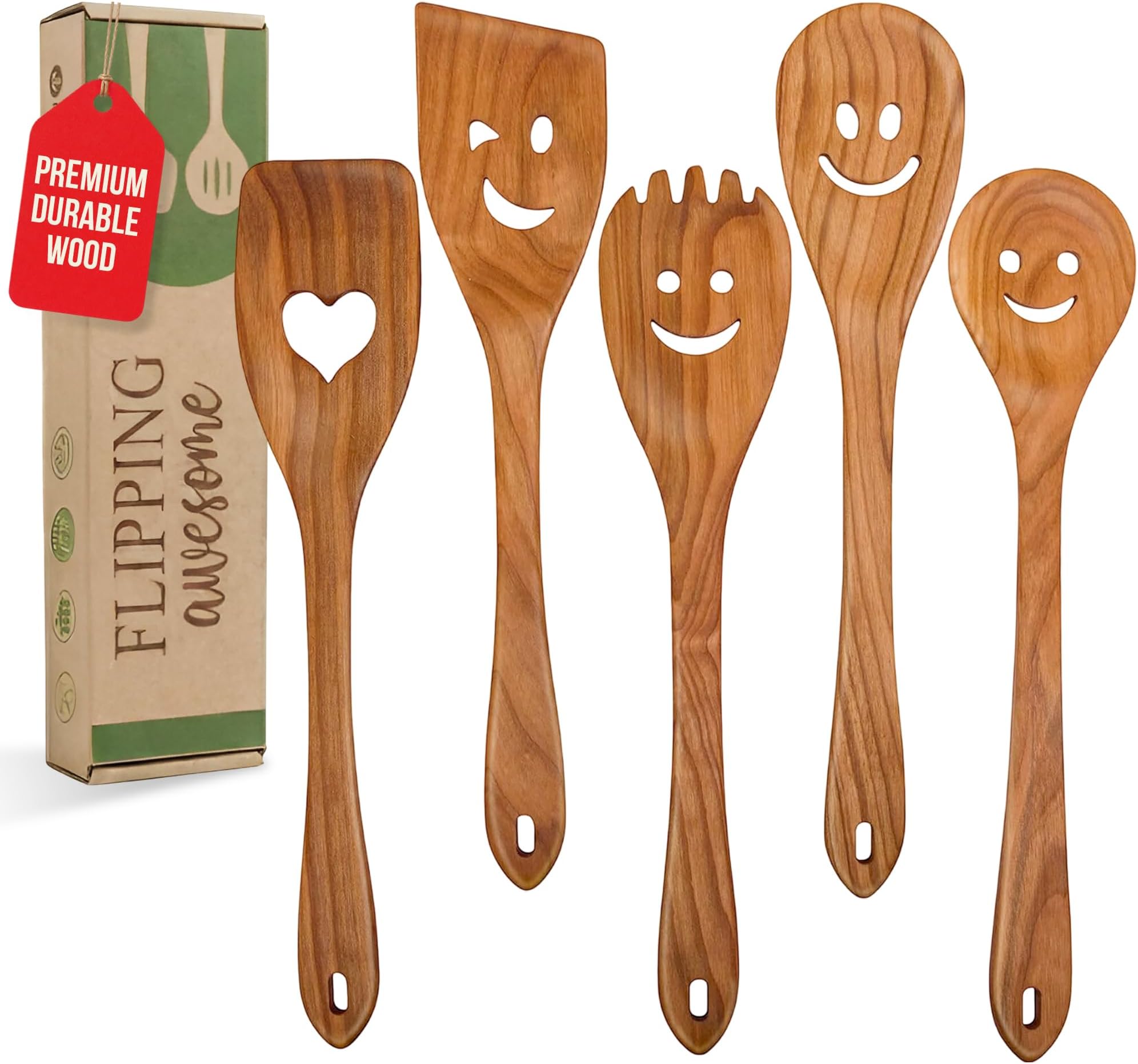 MFC 5-Piece Wooden Cooking Spoons - Kitchen Set from Natural Cherry Wood - Wooden Spoons for Cooking - Funny Utensil Set with Smiley Faces - Cooking Multipurpose Wood Utensils