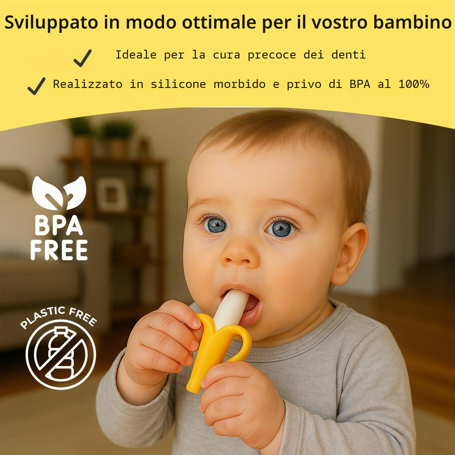 Spazzolino da denti e massaggiagengive per bambino a forma di banana – 2 in 1 invenzione per pulire i denti e proteggerli